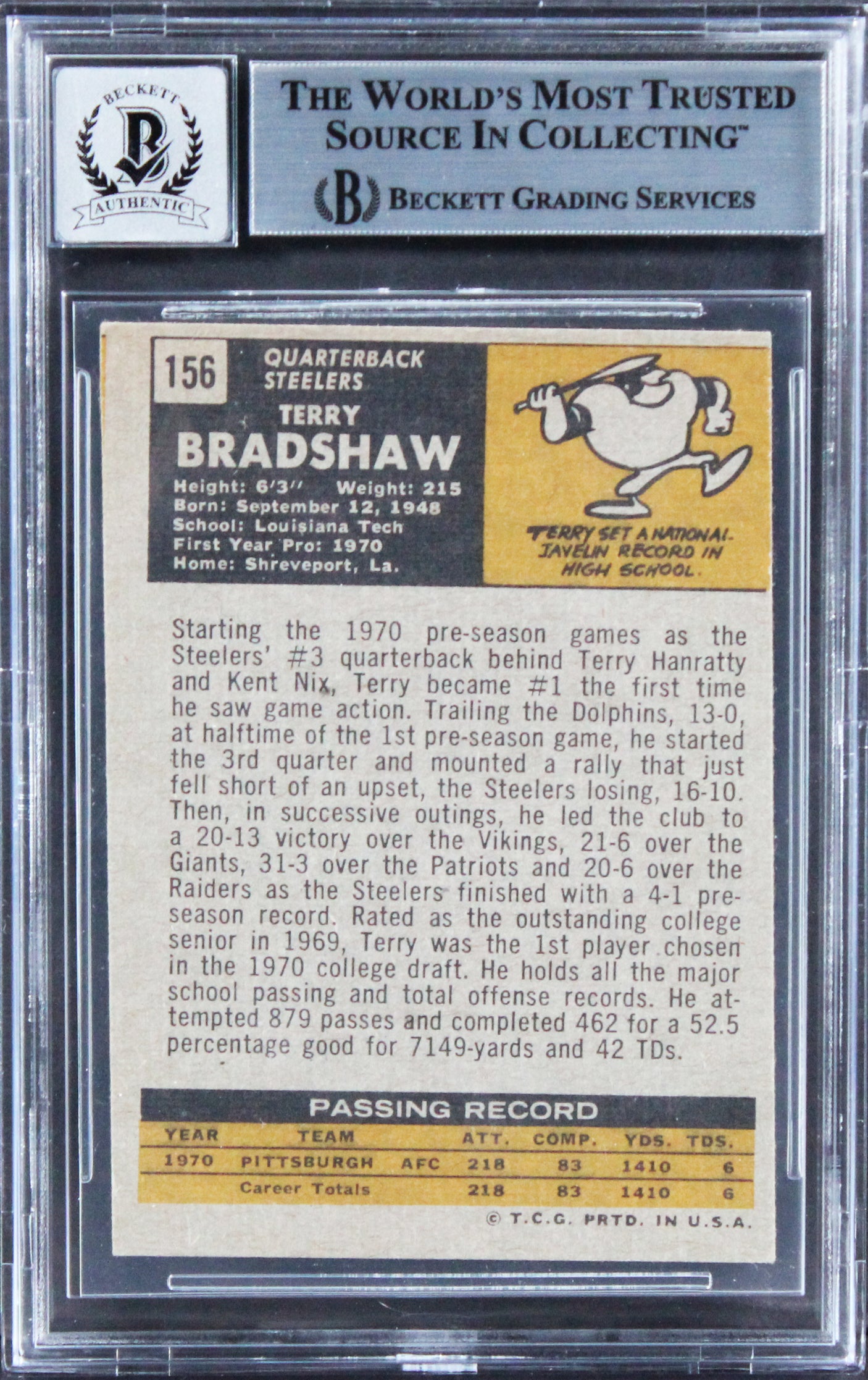 Steelers Terry Bradshaw Authentic Signed 1971 Topps #156 Card Auto 10 BAS Slab 2