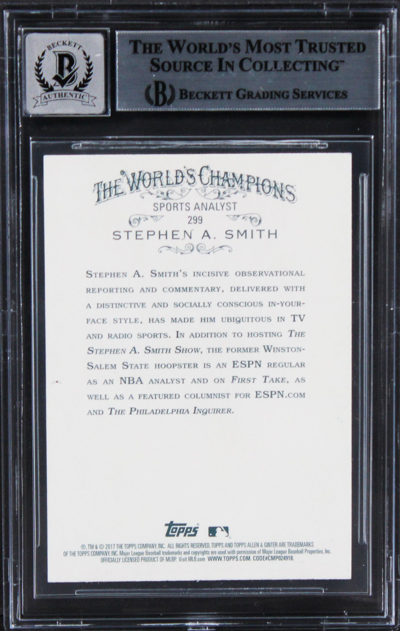Stephen A. Smith Signed 2017 Topps Allen & Ginter #299 Card Auto 10! BAS Slabbed