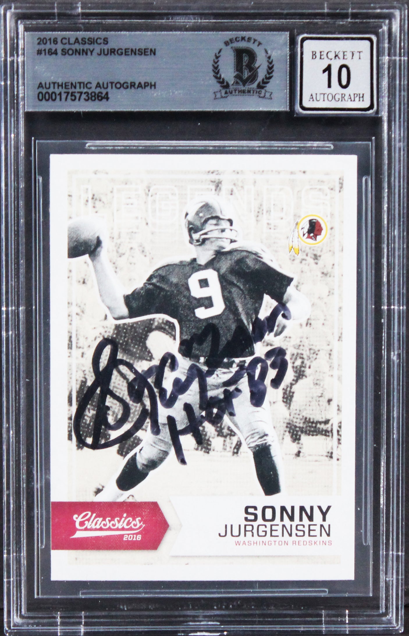 Commanders Sonny Jurgensen Signed 2016 Classics #164 Card Auto 10! BAS Slabbed