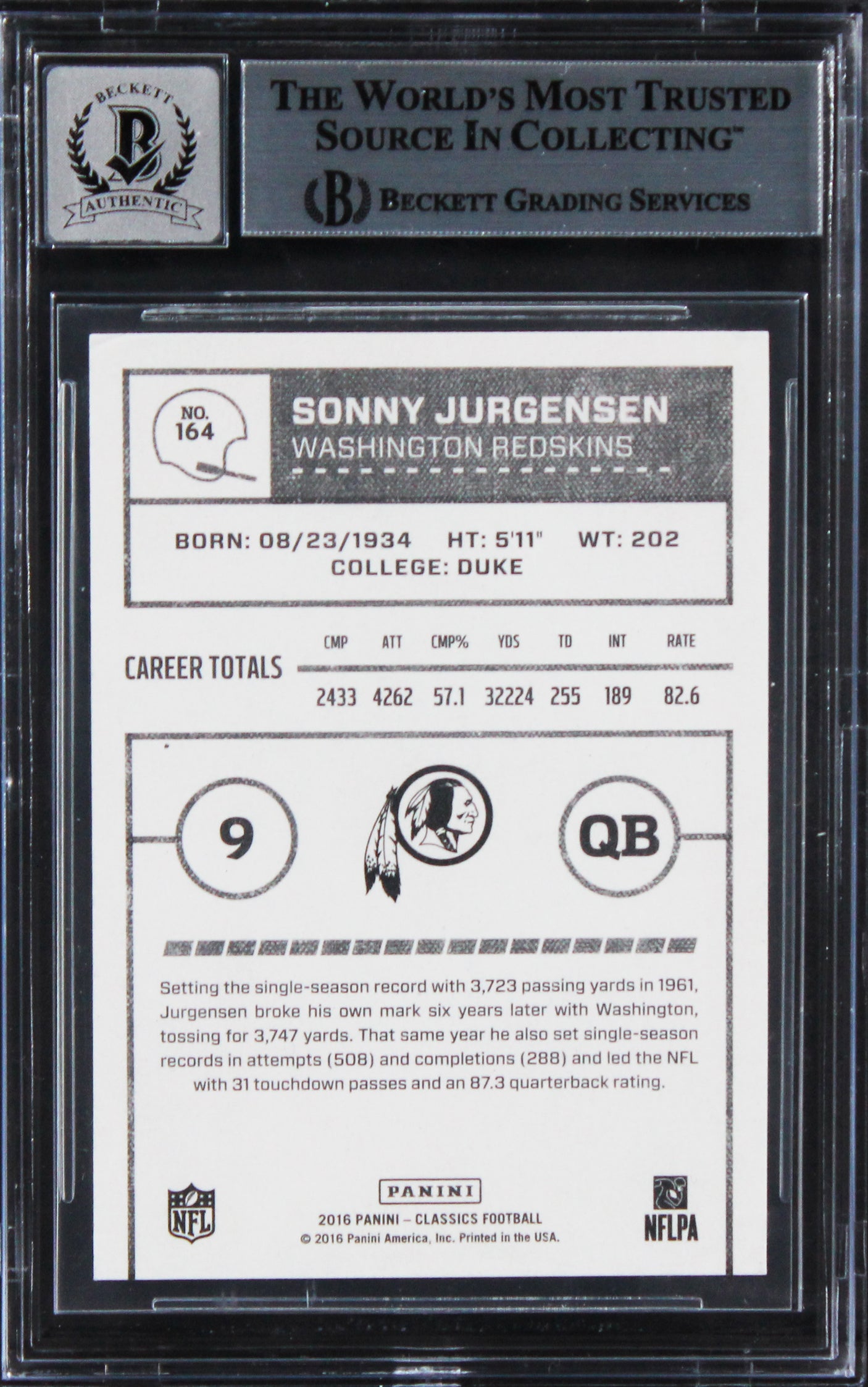 Commanders Sonny Jurgensen Signed 2016 Classics #164 Card Auto 10! BAS Slabbed