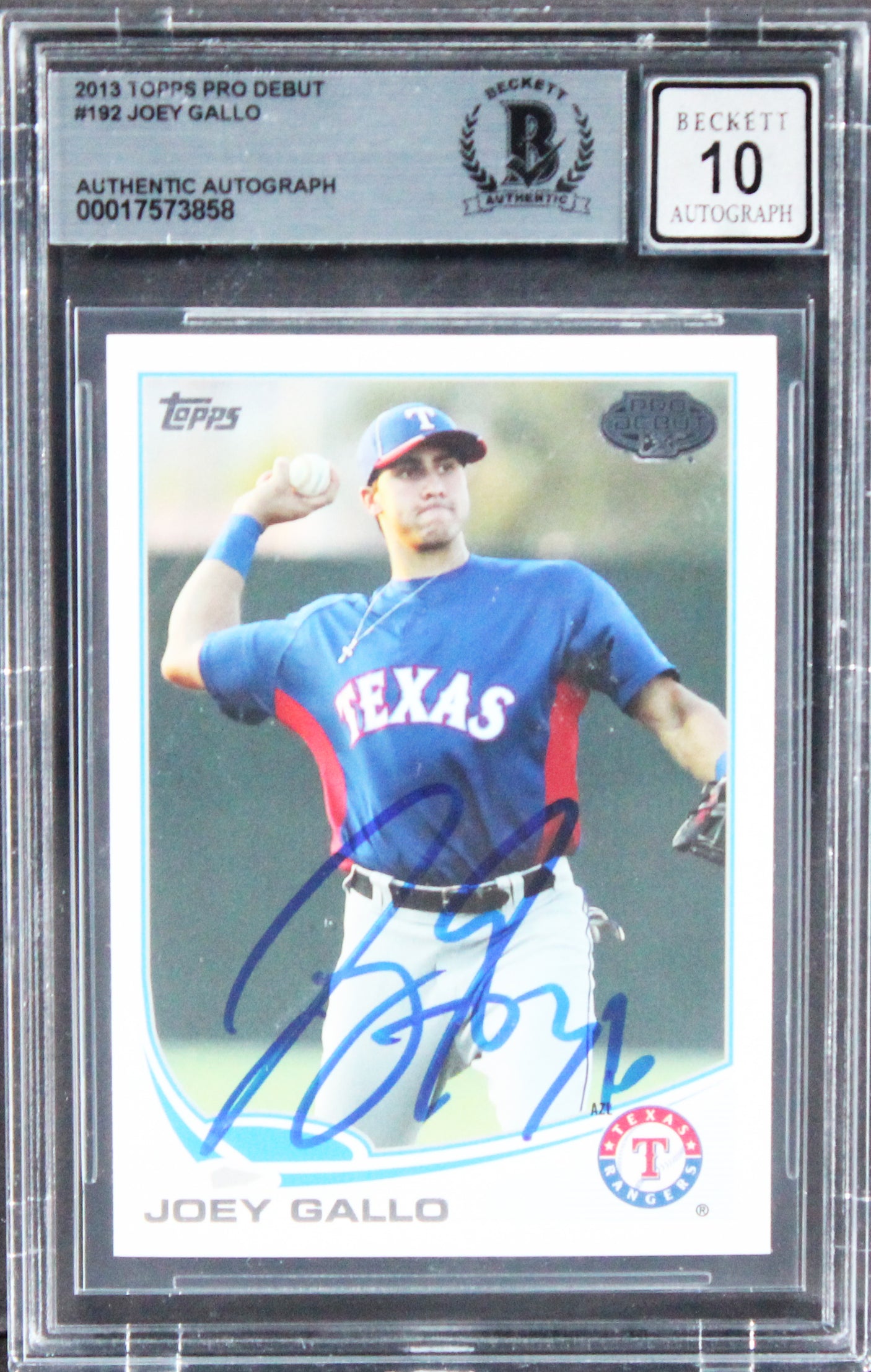 Rangers Joey Gallo Signed 2013 Topps Pro Debut #192 RC Card Auto 10! BAS Slabbed