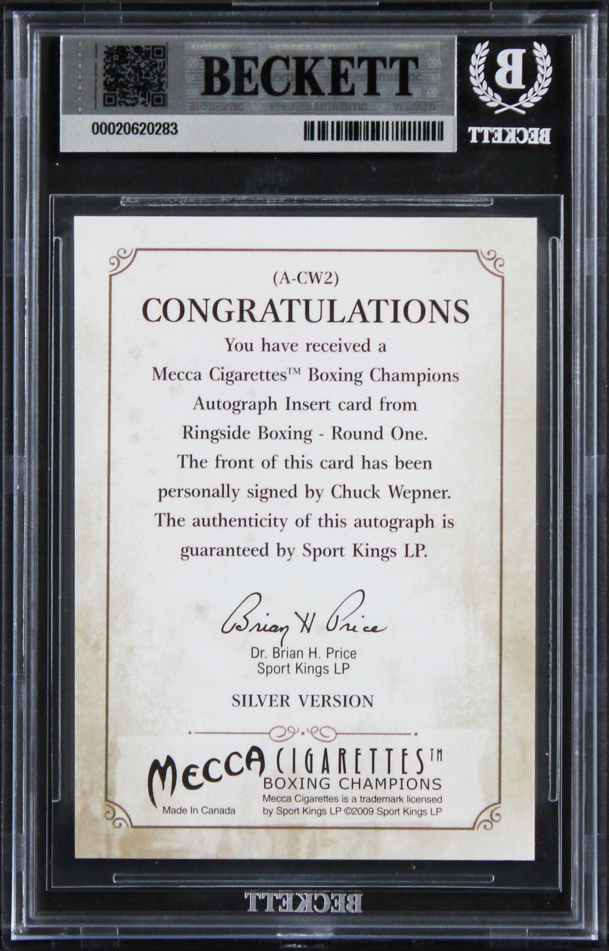 Chuck Wepner Signed 2010 Ringside Boxing #ACW2 Card Auto Grade 10! BAS Slabbed