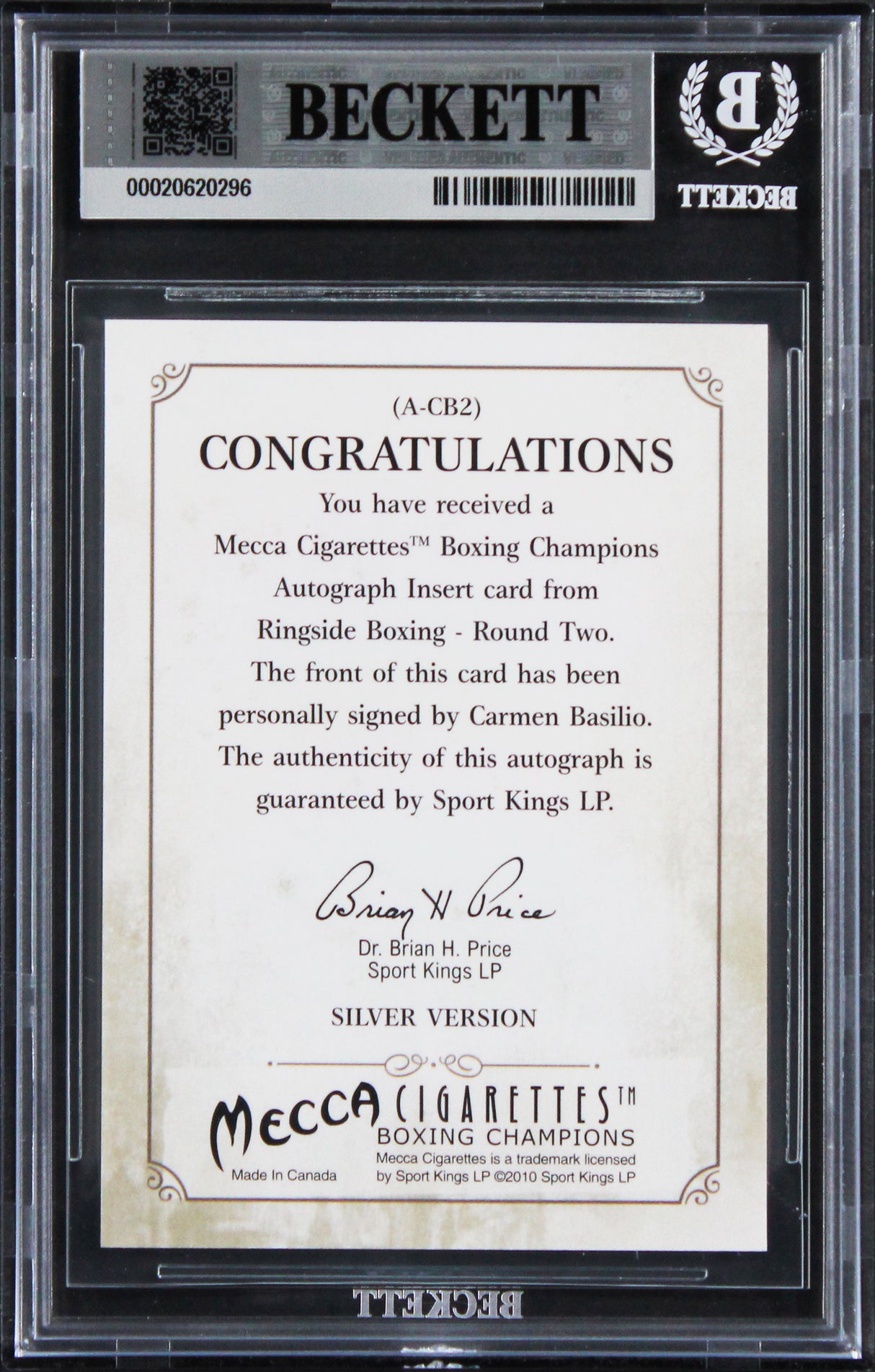 Carmen Basilio Signed 2011 Ringside Boxing #ASM2 Card Auto Grade 10! BAS Slabbed