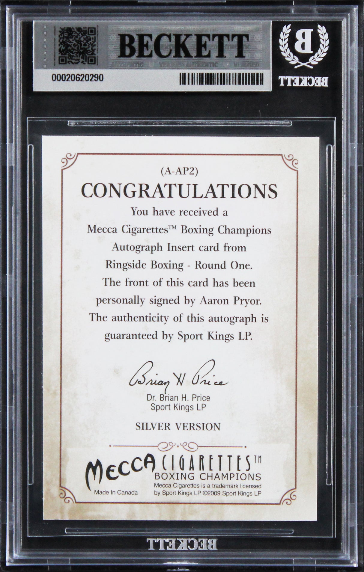 Aaron Pryor Signed 2010 Ringside Boxing #AAP2 Card Auto Grade 10! BAS Slabbed