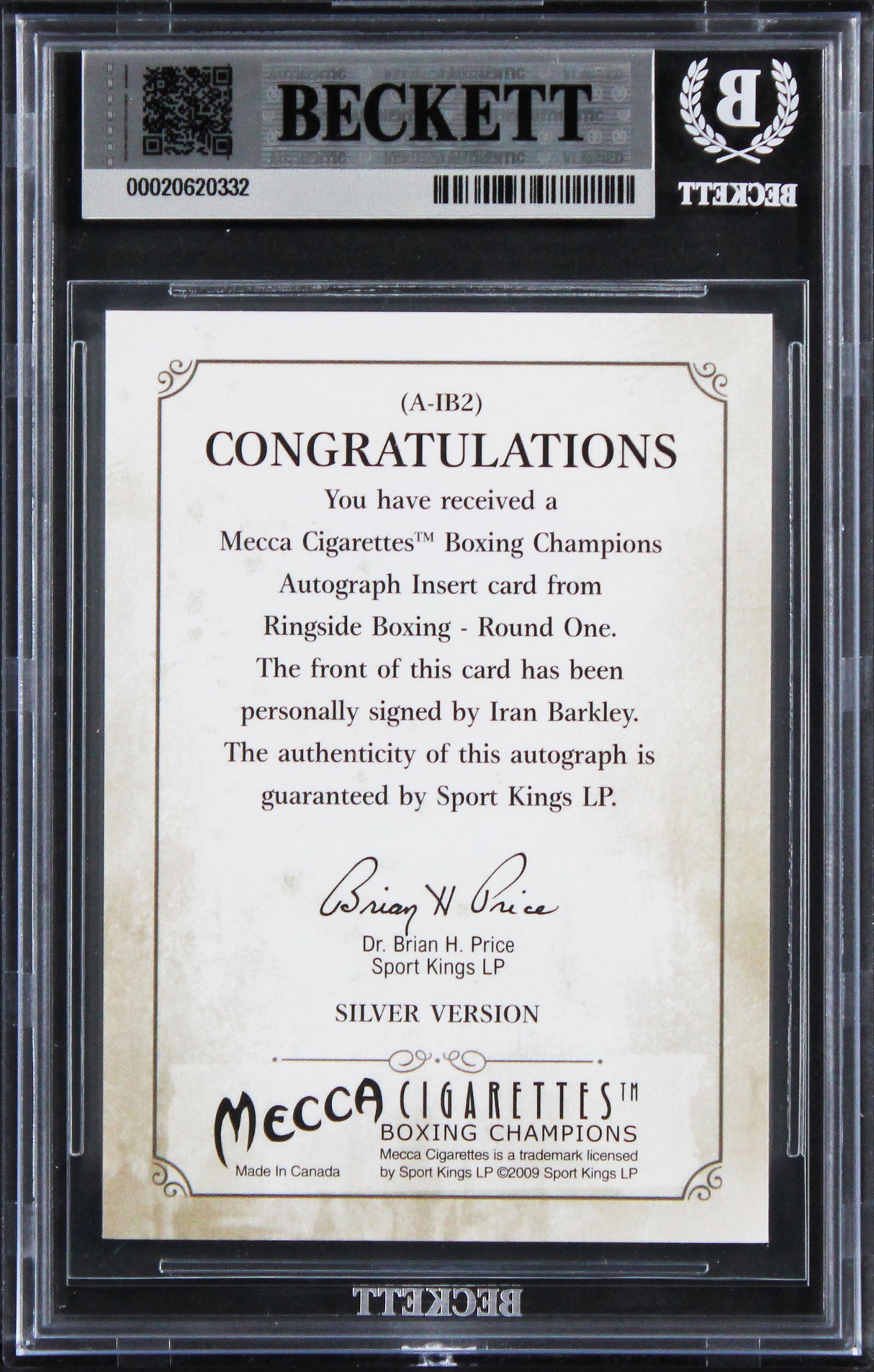 Iran Barkley Signed 2010 Ringside Boxing #AJB2 Card Auto Grade 10! BAS Slabbed