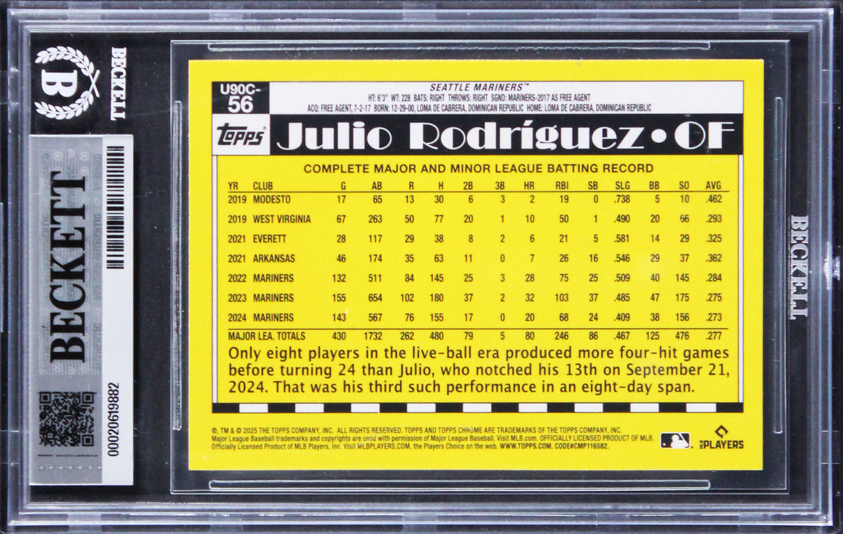 Mariners Julio Rodriguez Signed 2025 Topps Update #U90C56 Card Auto 10! BAS Slab