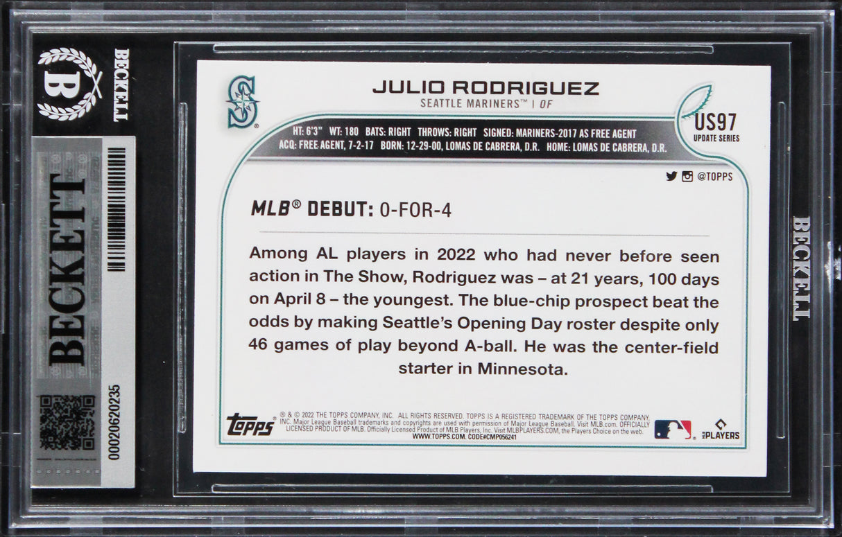 Mariners Julio Rodriguez Signed 2022 Topps Update #US97 Card Auto 10! BAS Slab