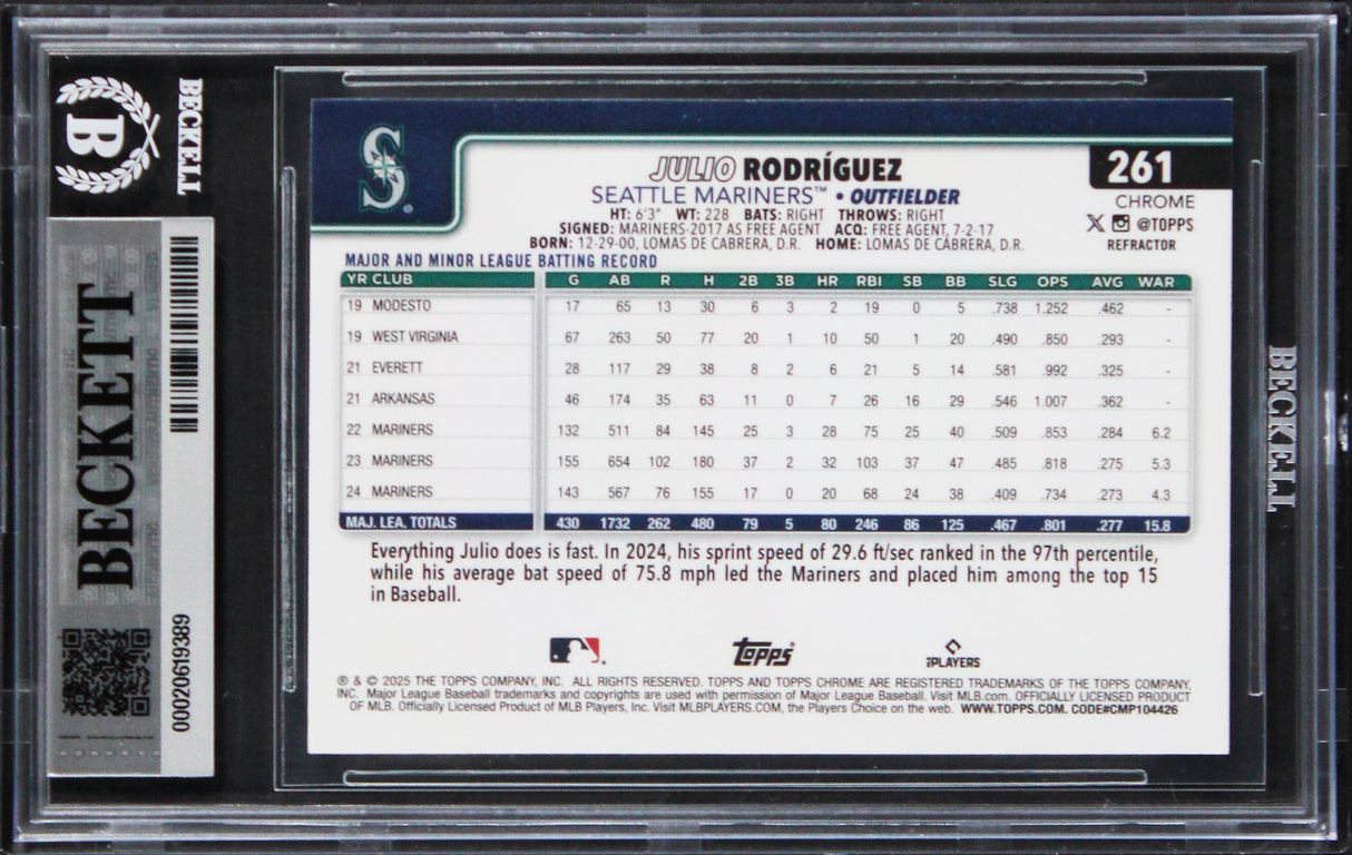 Mariners Julio Rodriguez Signed 2025 Topps Chrome #261 Card Auto 10! BAS Slabbed