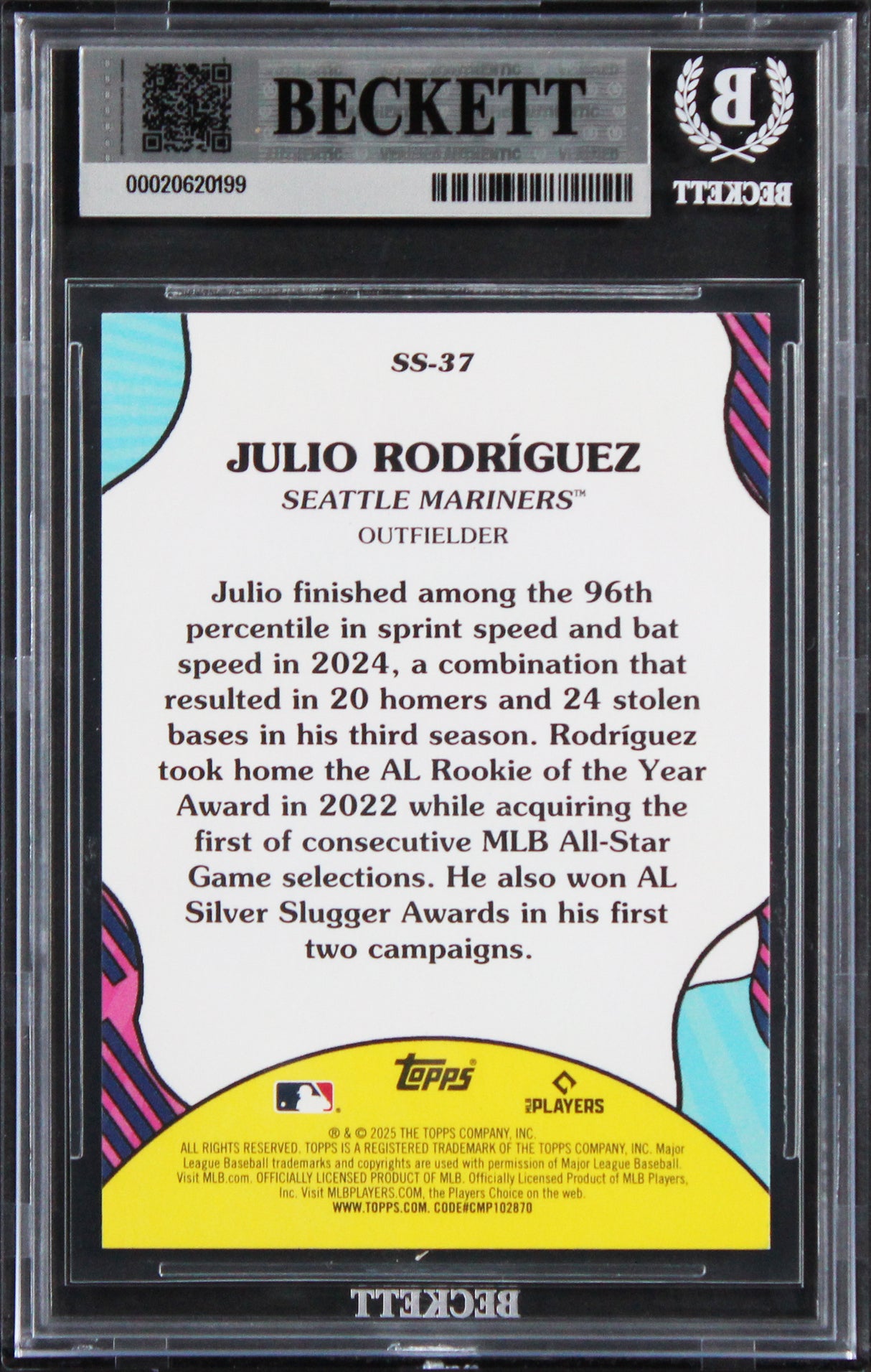 Mariners Julio Rodriguez Signed 2025 Topps #SS37 Card Auto Grade 10! BAS Slabbed
