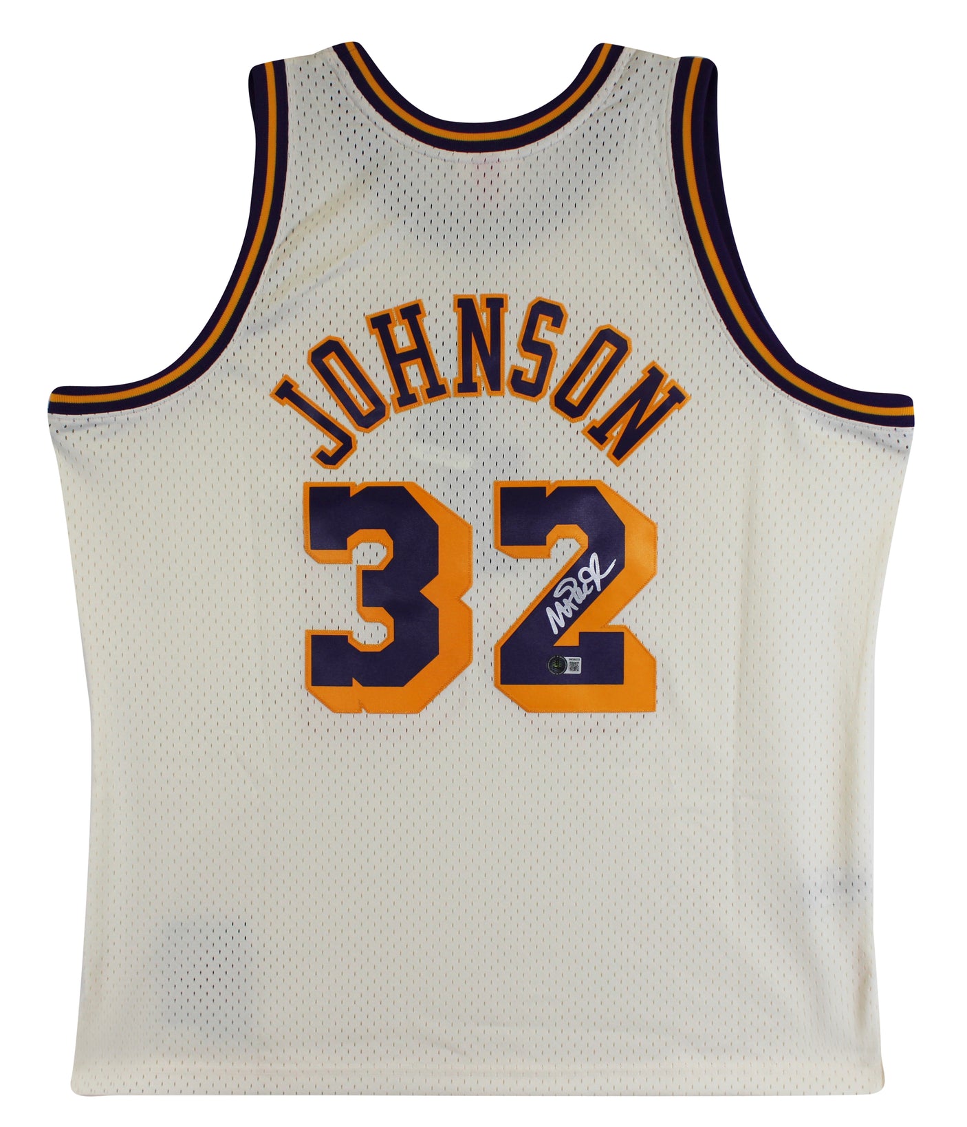 Lakers Magic Johnson Signed Cream 1984-85 M&N HWC Swingman Jersey BAS Witnessed