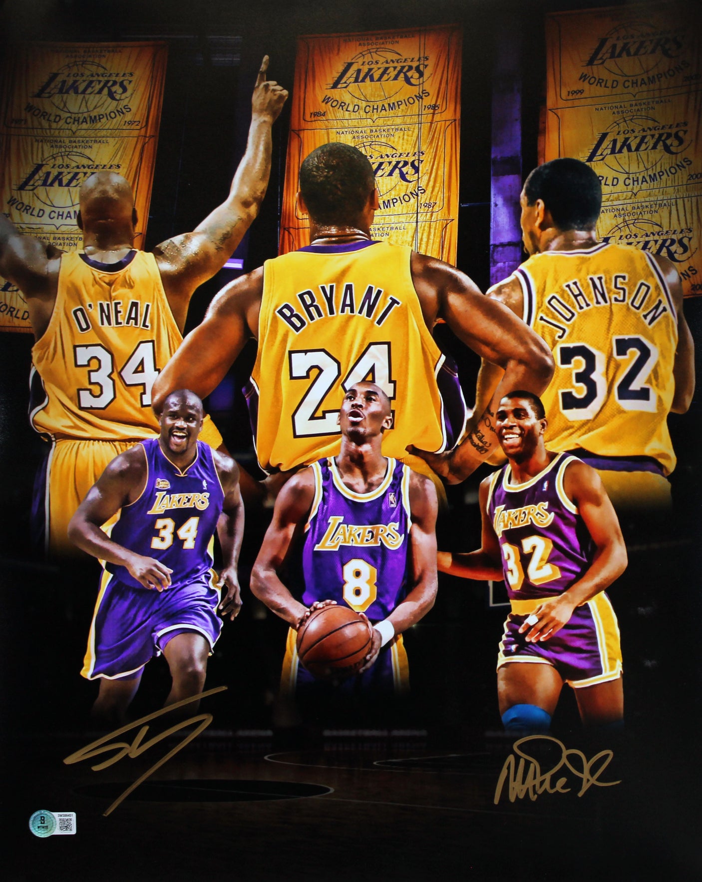 Lakers Magic Johnson & Shaquille O'Neal Signed 16x20 Custom Photo BAS Witnessed