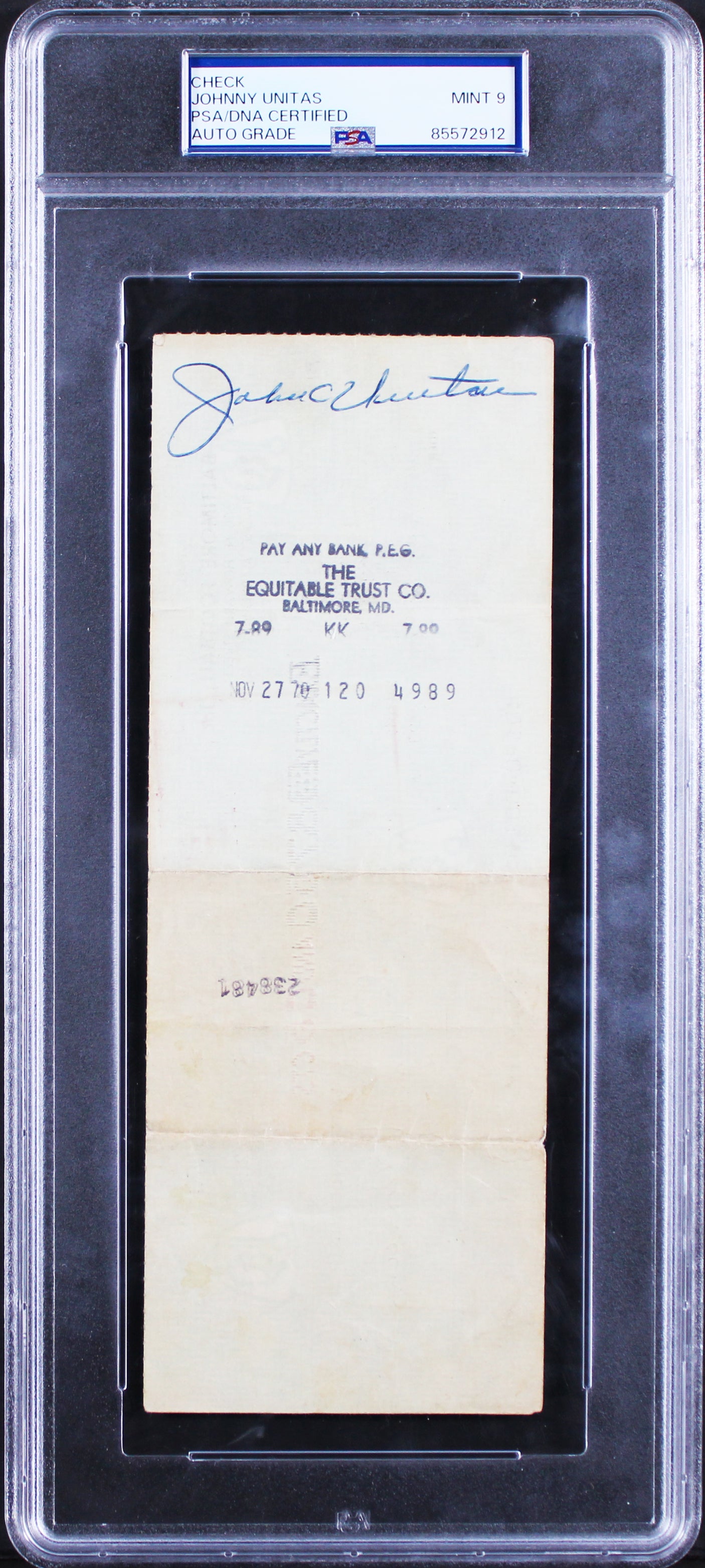 Colts Johnny Unitas Authentic Signed 1970 Payroll Check Auto 9! PSA/DNA Slabbed