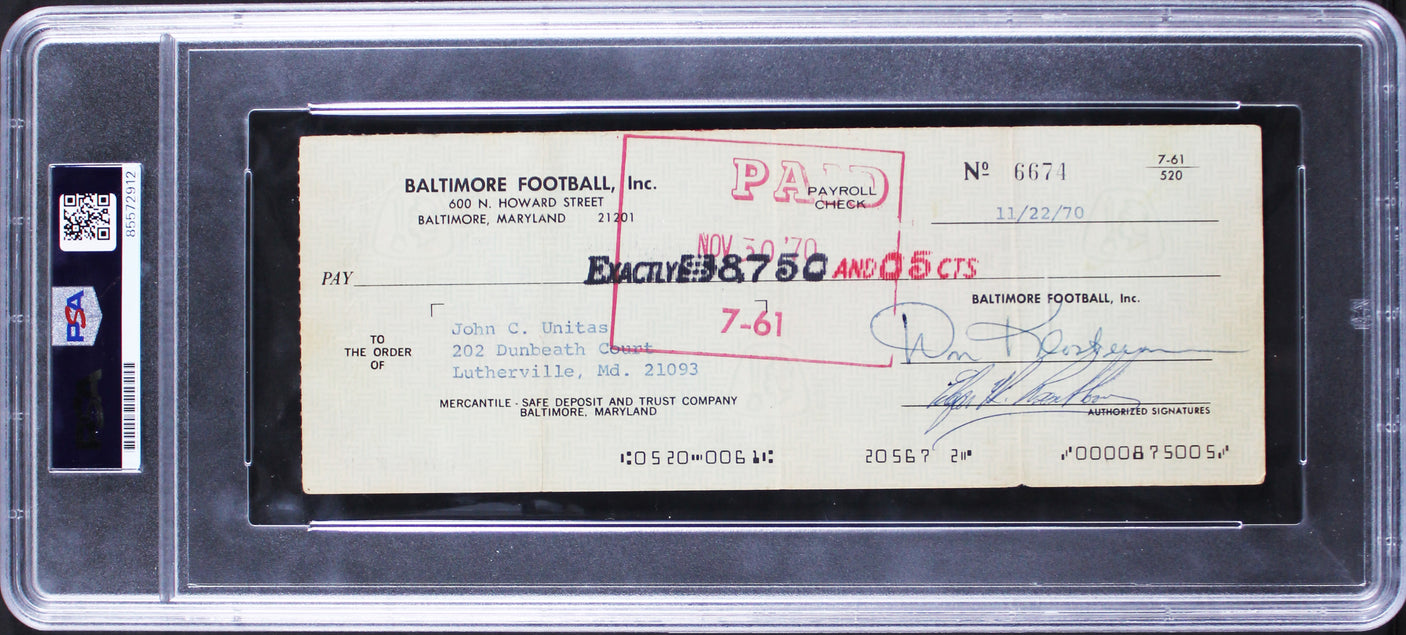 Colts Johnny Unitas Authentic Signed 1970 Payroll Check Auto 9! PSA/DNA Slabbed