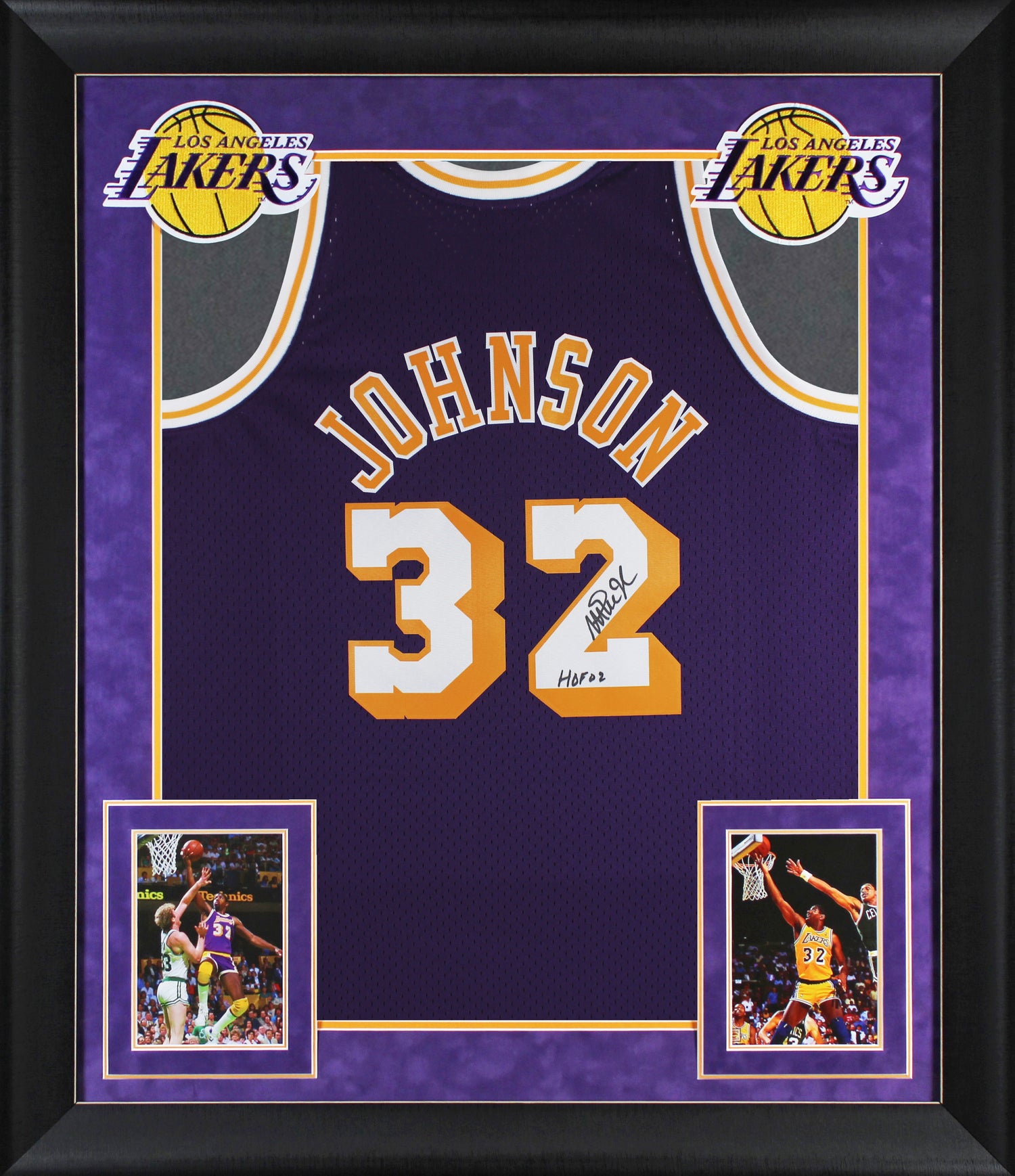 Lakers Magic Johnson "HOF 02" Signed Purple M&N HWC Swingman Framed Jersey BAS W