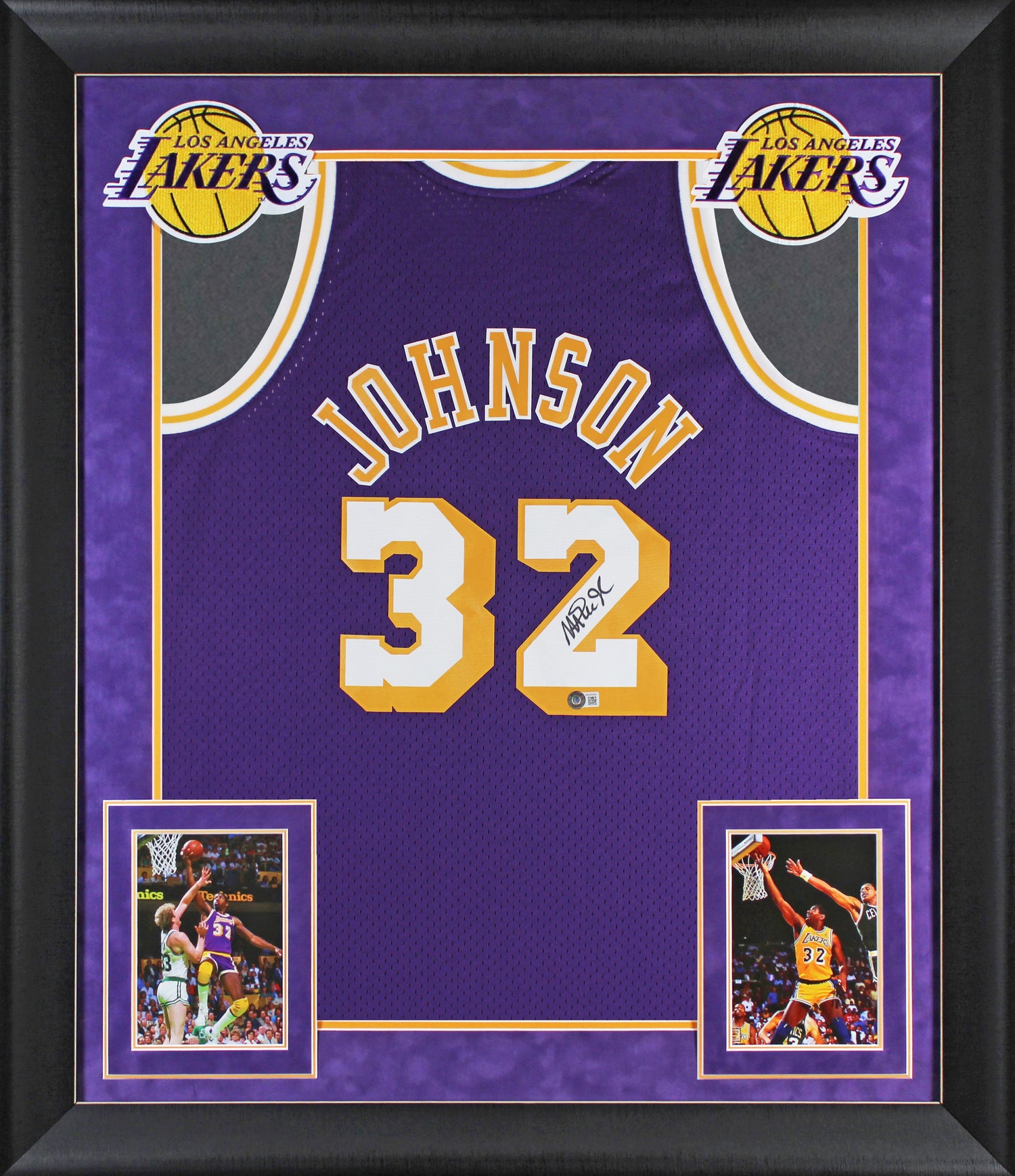 Lakers Magic Johnson Signed 1984-85 M&N HWC Swingman Purple Framed Jersey BAS W