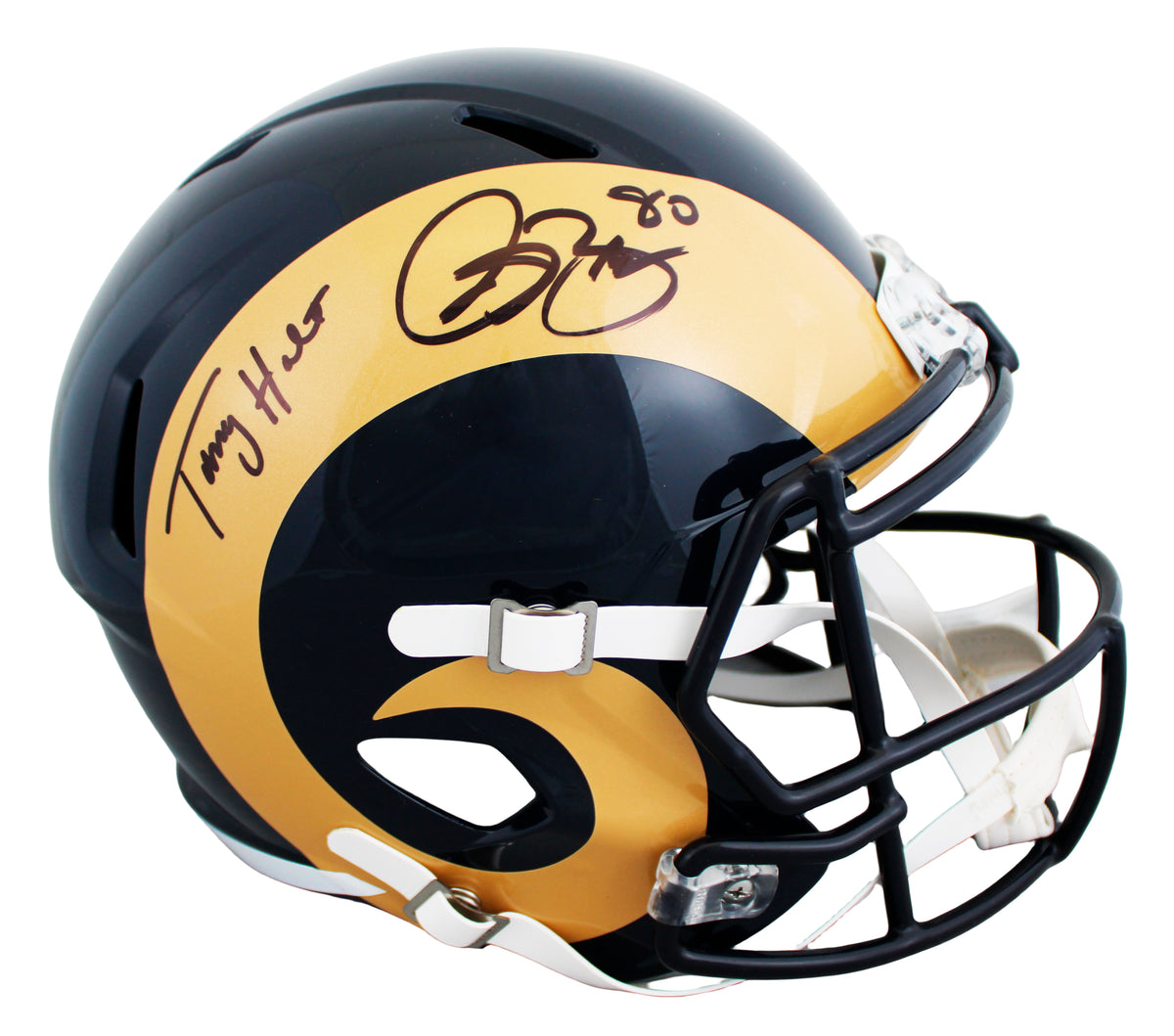 Rams Isaac Bruce & Torry Holt Signed 00-16 TB F/S Speed Rep Helmet W/ Case BAS W