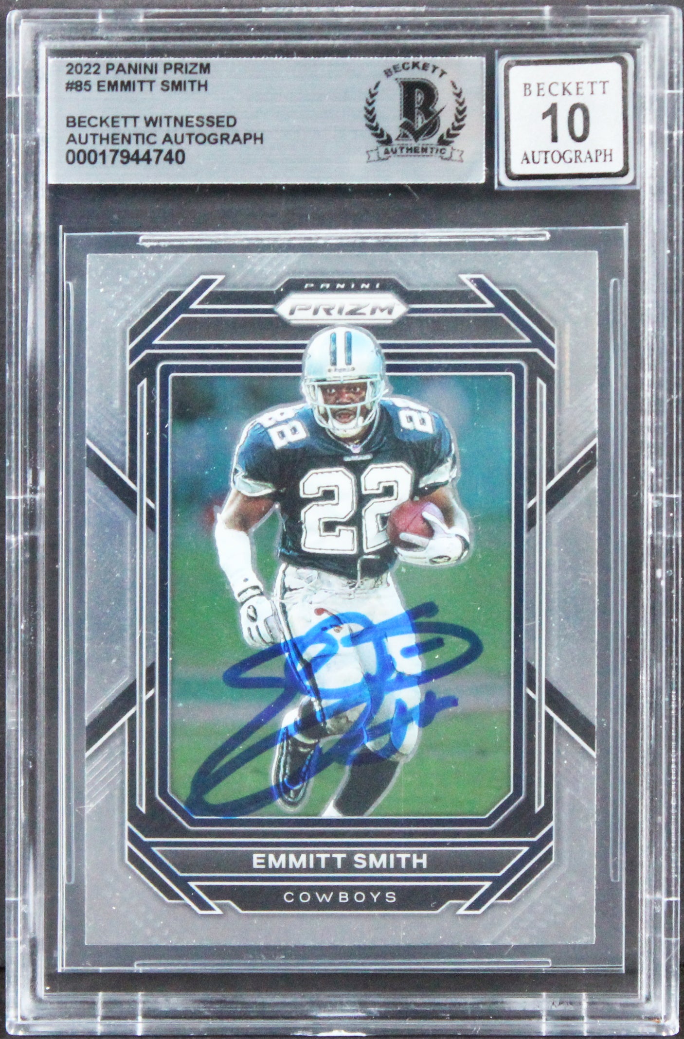 Cowboys Emmitt Smith Signed 2022 Panini Prizm #85 Card Auto 10! BAS Slabbed