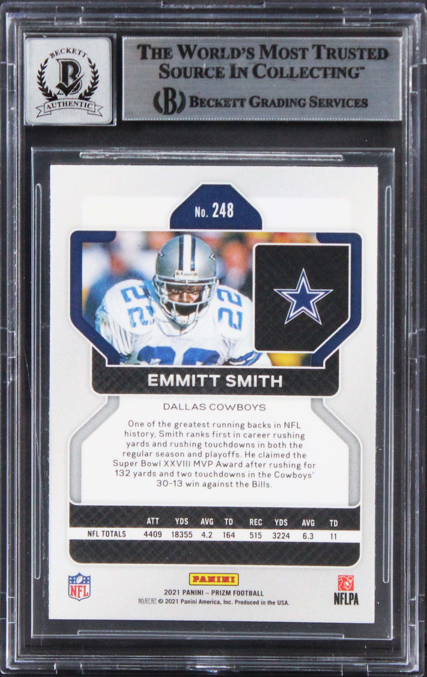 Cowboys Emmitt Smith Signed 2021 Panini Prizm #248 Card Auto 10! BAS Slabbed