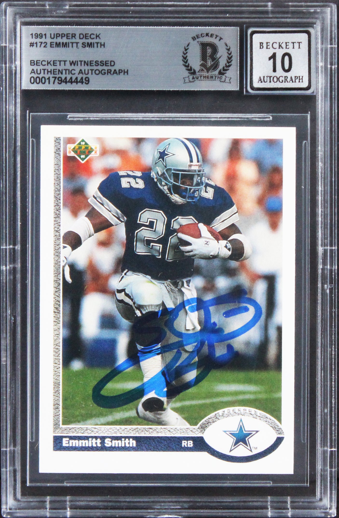 Cowboys Emmitt Smith Signed 1991 Upper Deck #172 Card Auto 10! BAS Slabbed