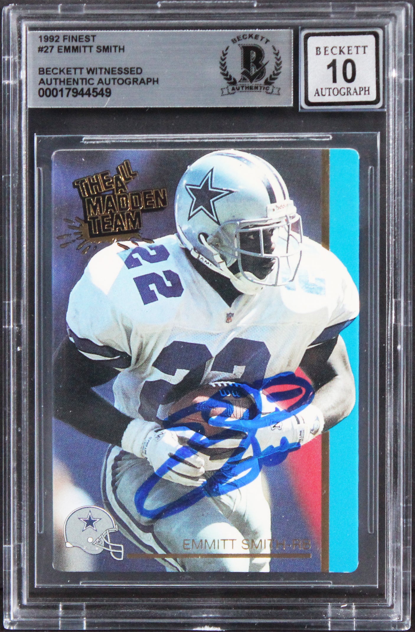 Cowboys Emmitt Smith Authentic Signed 1992 Finest #27 Card Auto 10! BAS Slabbed