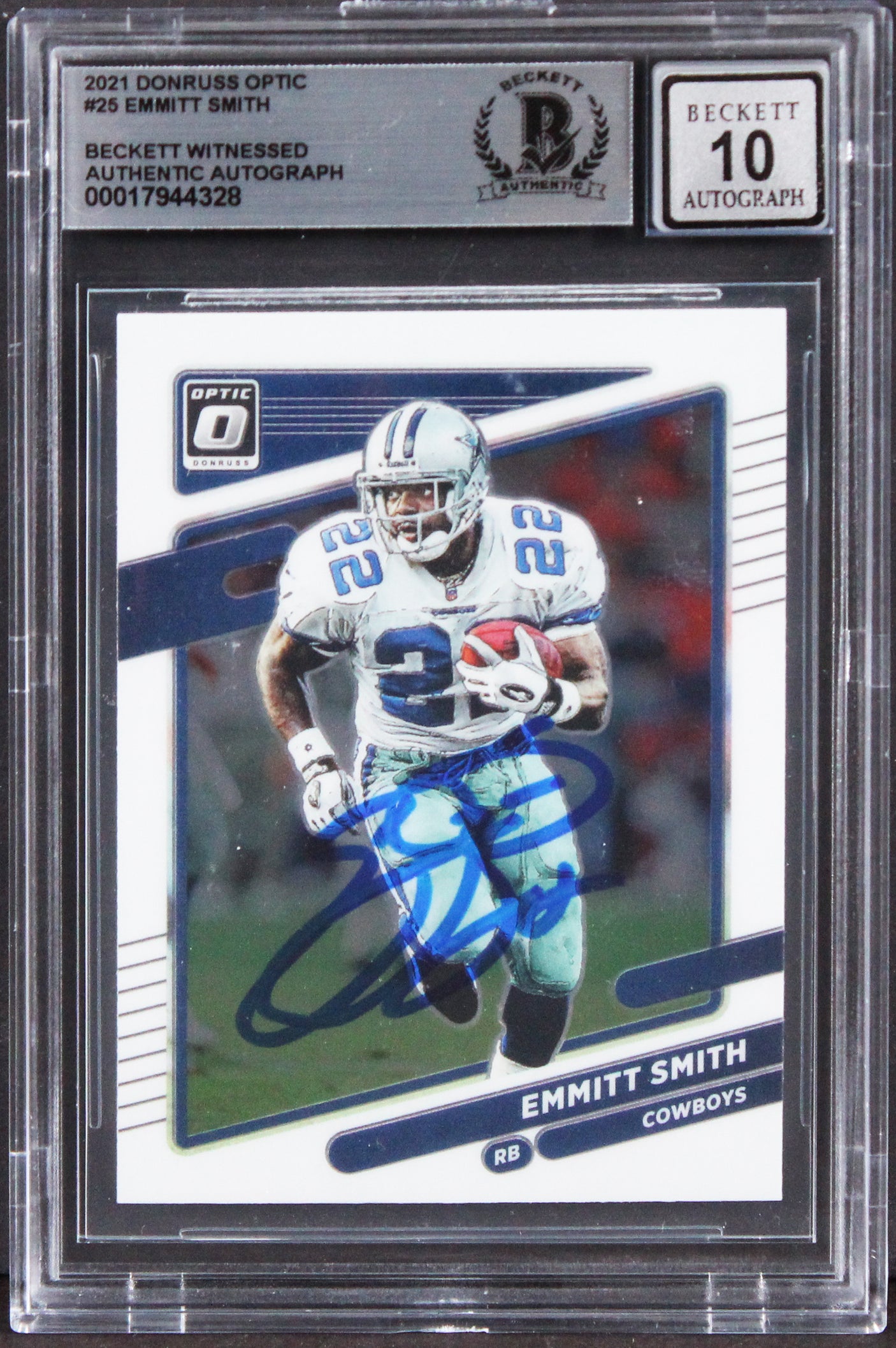 Cowboys Emmitt Smith Signed 2021 Donruss Optic #25 Card Auto 10! BAS Slabbed