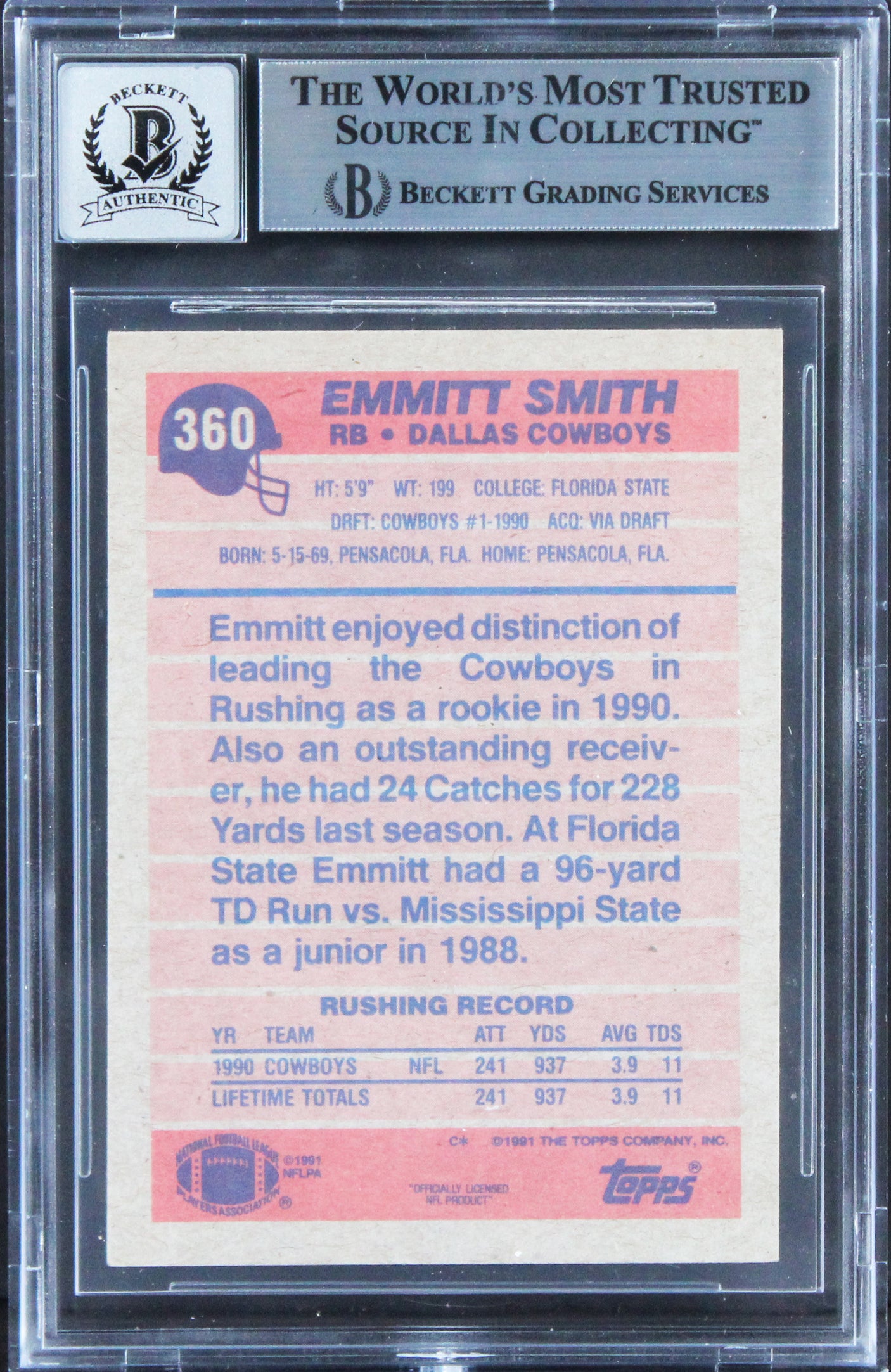 Cowboys Emmitt Smith Authentic Signed 1991 Topps #360 Card Auto 10! BAS Slabbed