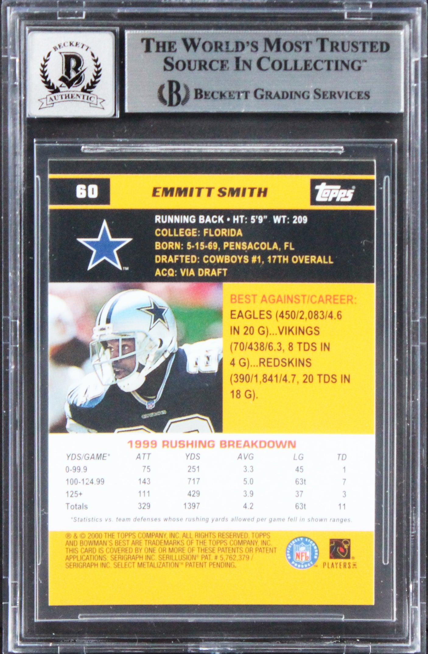 Cowboys Emmitt Smith Signed 2000 Bowman's Best #60 Card Auto 10! BAS Slabbed