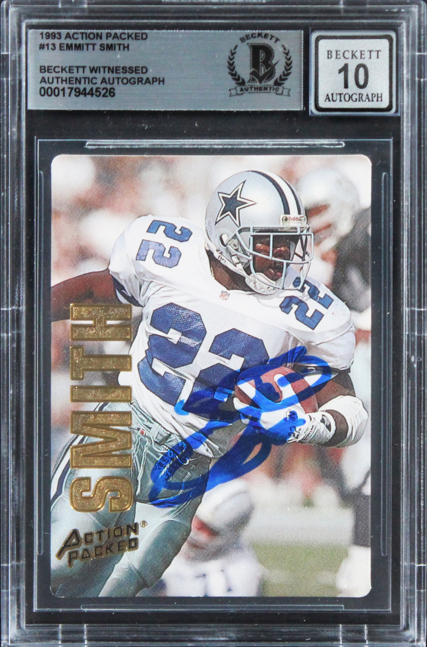 Cowboys Emmitt Smith Signed 1993 Action Packed #13 Card Auto 10! BAS Slabbed