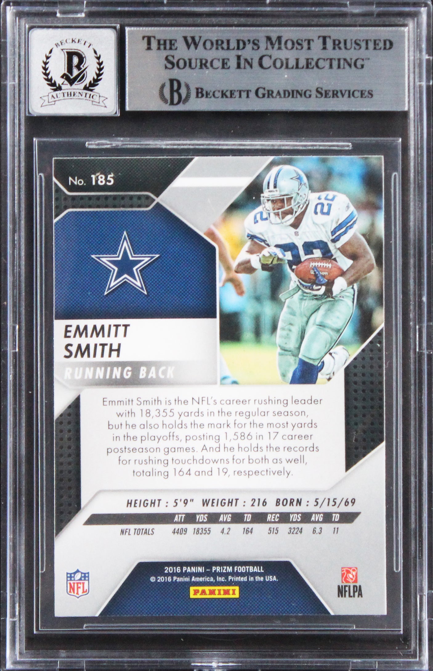 Cowboys Emmitt Smith Signed 2016 Panini Prizm #185 Card Auto 10! BAS Slabbed