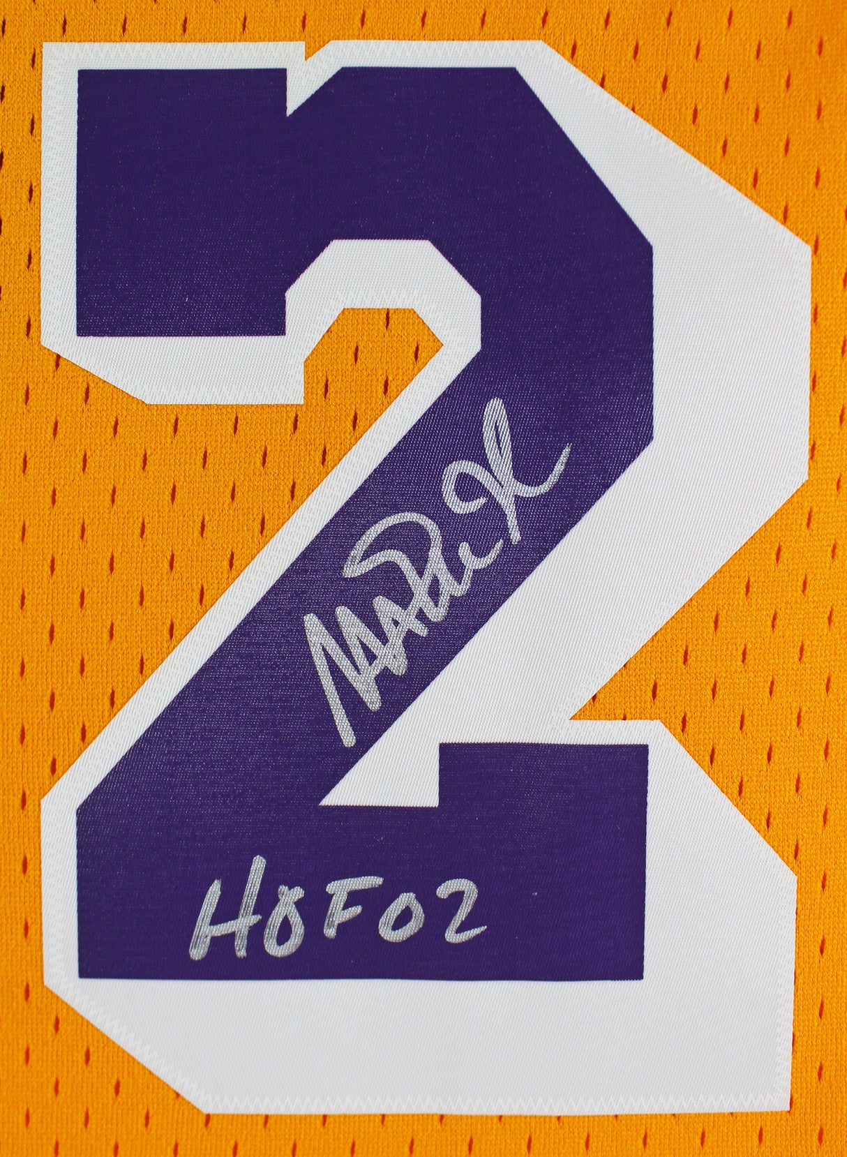Lakers Magic Johnson "HOF 02" Signed Yellow M&N HWC Swingman Framed Jersey BAS W