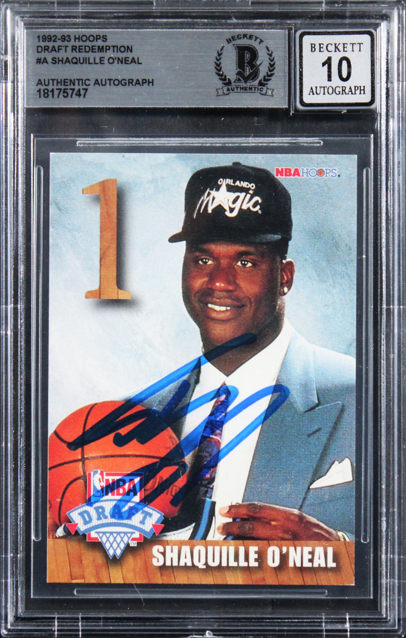 Shaquille O'Neal Signed 1992 Hoops Draft Redemption #A RC Card Auto 10! BAS Slab