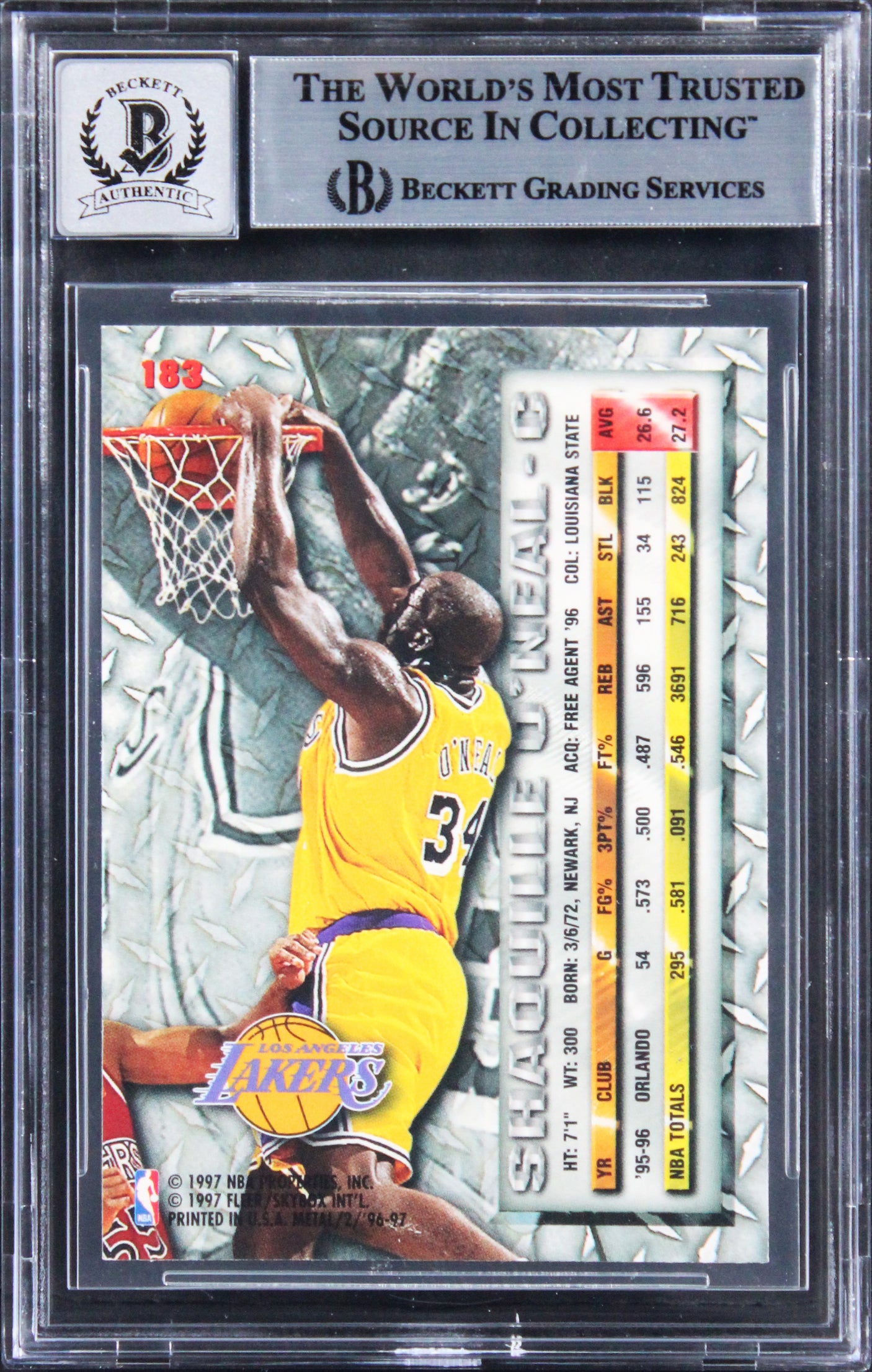 Lakers Shaquille O'Neal Signed 1996 Metal #183 Card Auto Graded 10! BAS Slabbed