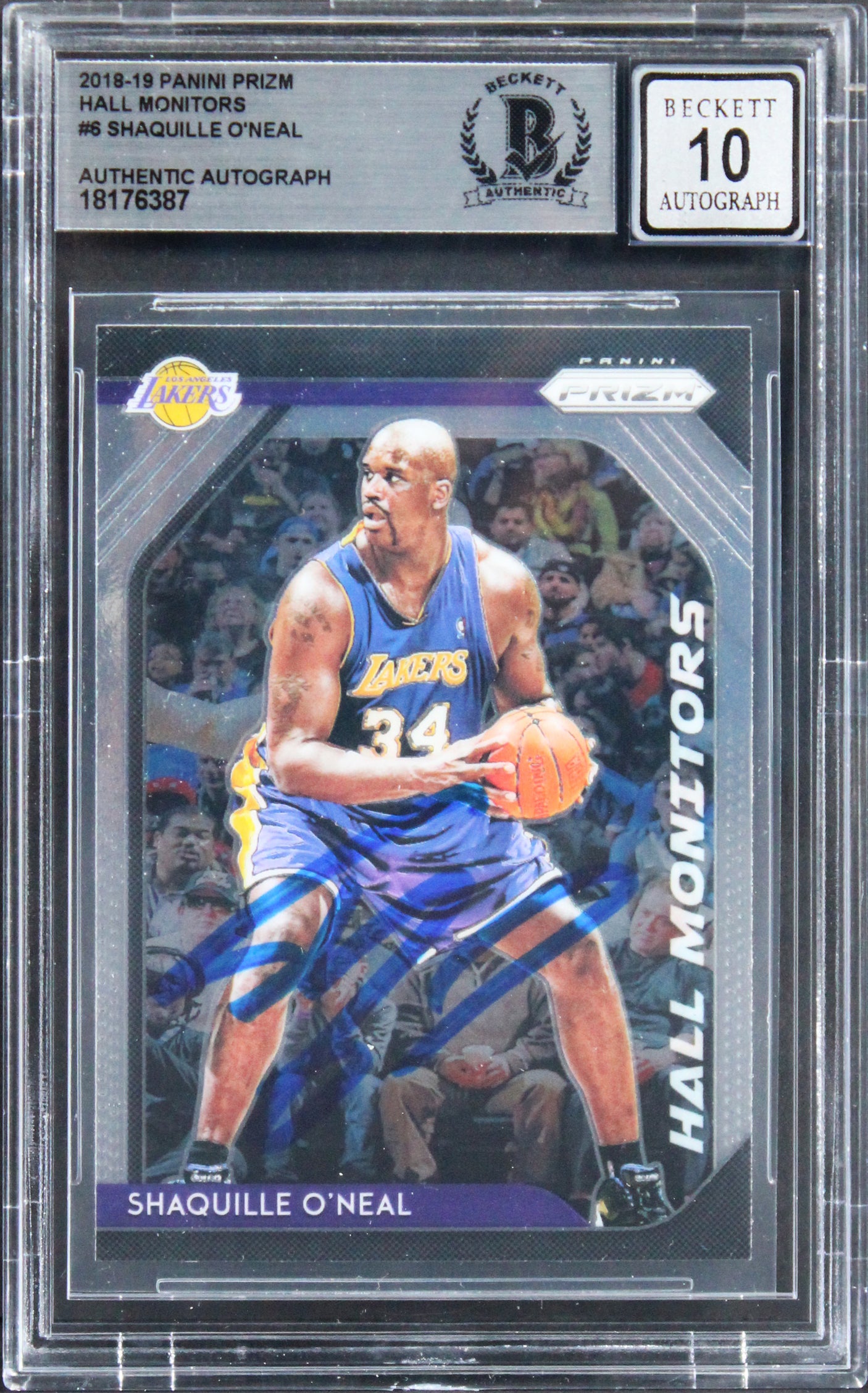 Shaquille O'Neal Signed 2018 Panini Prizm Hall Monitors #6 Card Auto 10 BAS Slab