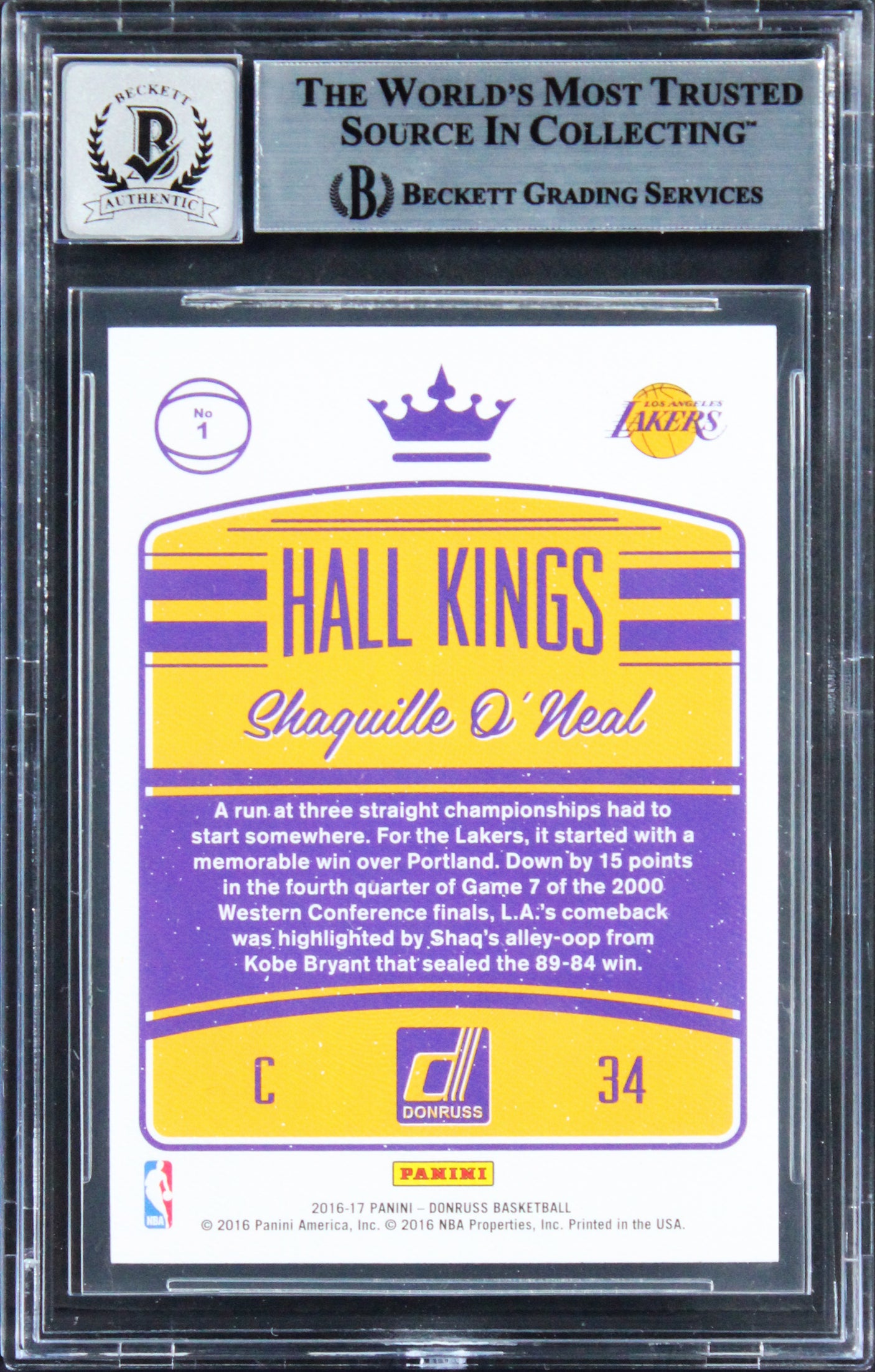 Lakers Shaquille O'Neal Signed 2016 Donruss Hall Kings #1 Card Auto 10! BAS Slab