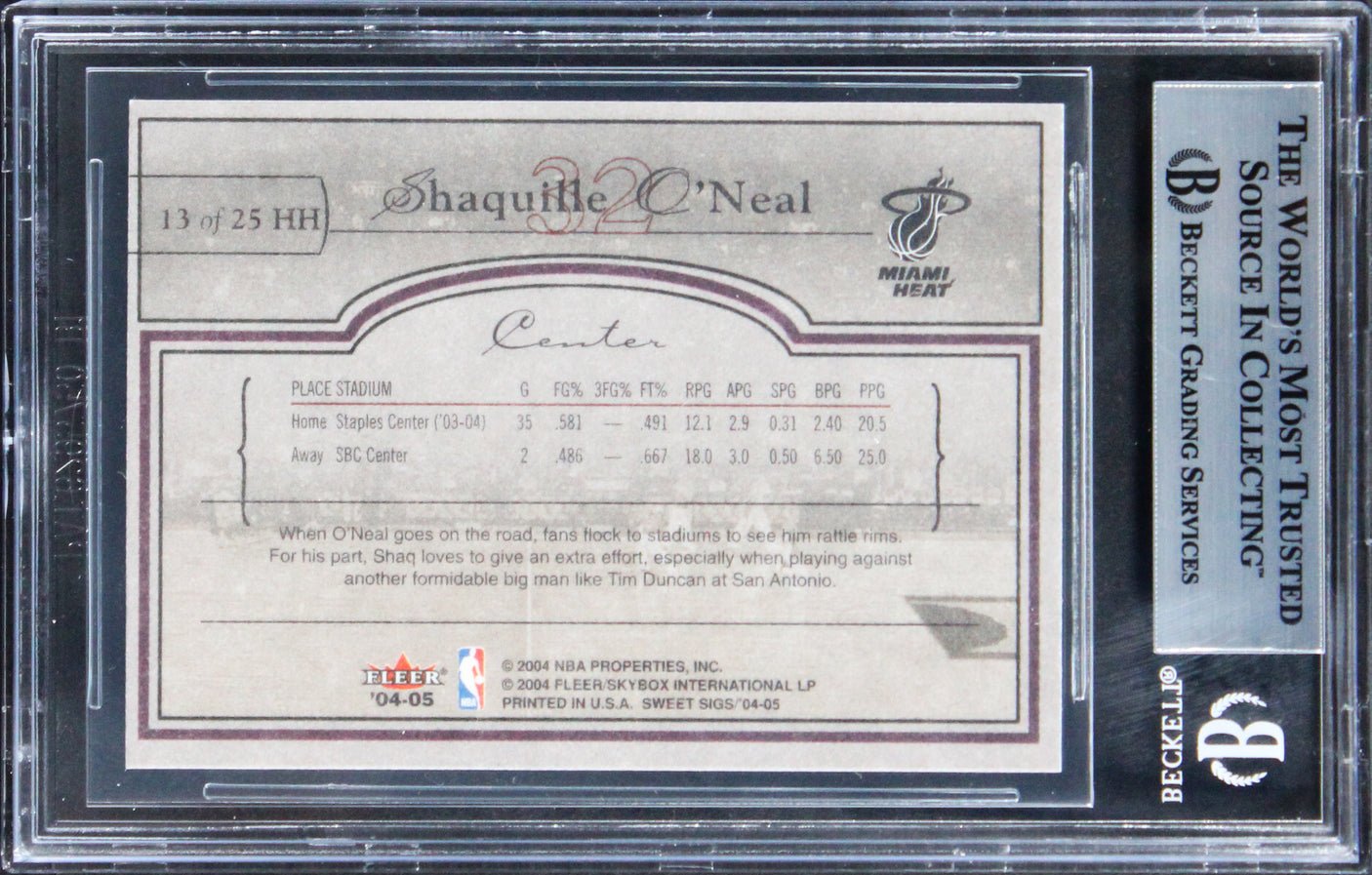 Shaq O'Neal Signed 2004 Fleer Sweet Sigs Hardcourt Heroics #13 Card BAS Slabbed