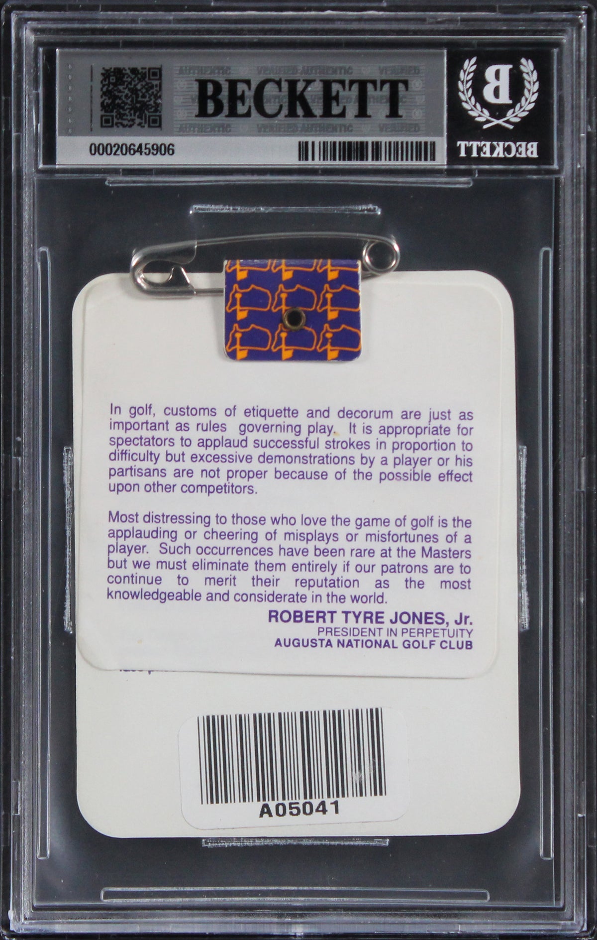 Jose Maria Olazabal Signed 1994 Masters Augusta Golf Club Badge Auto 10 BAS Slab
