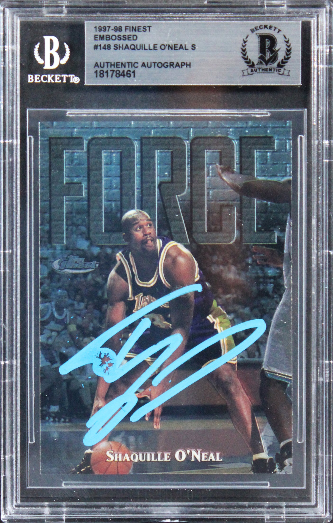 Lakers Shaquille O'Neal Signed 1997 Finest Embossed #148 Card BAS Slabbed