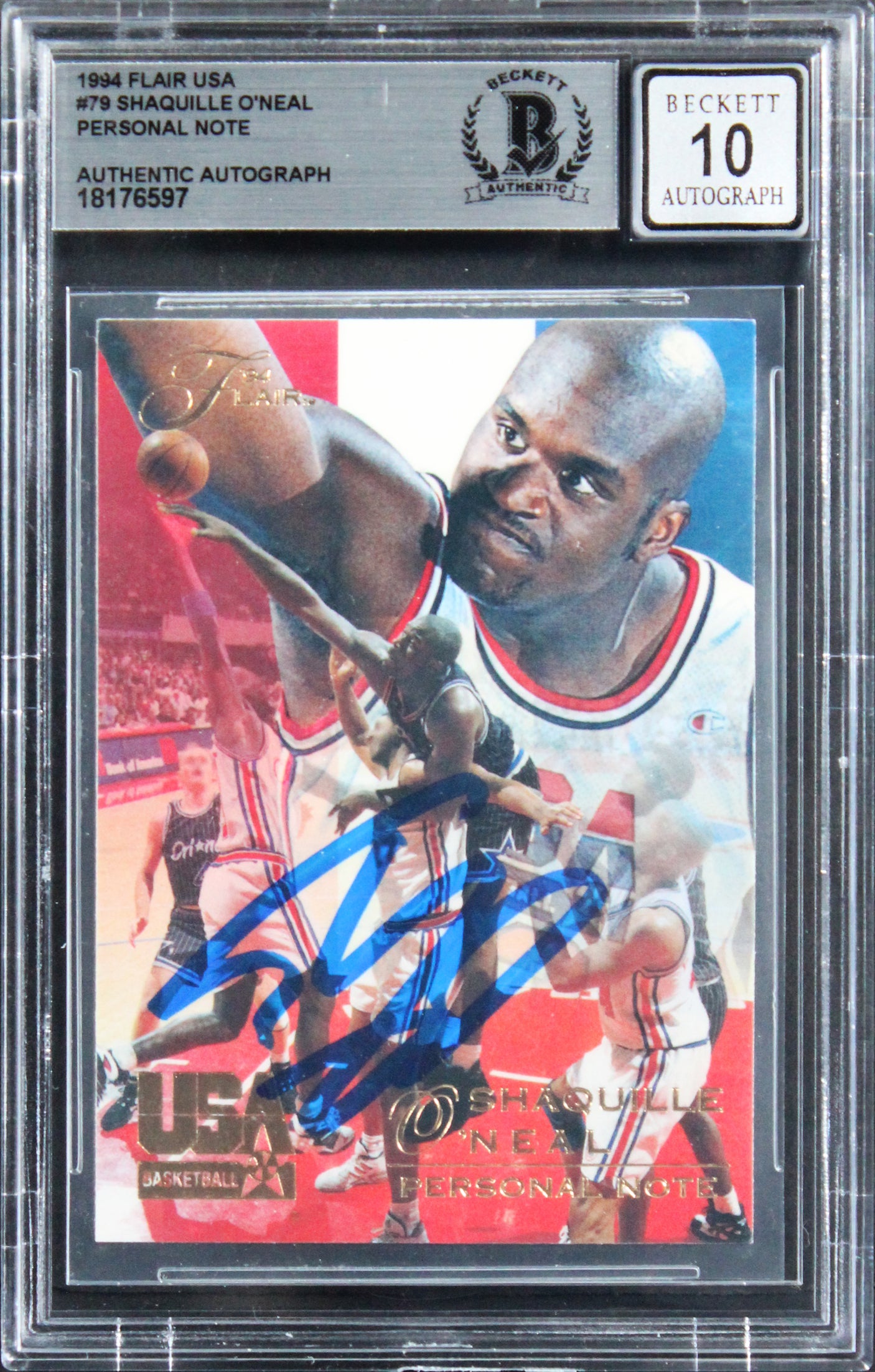 Magic Shaquille O'Neal Signed 1994 Flair USA #79 Card Auto 10! BAS Slabbed