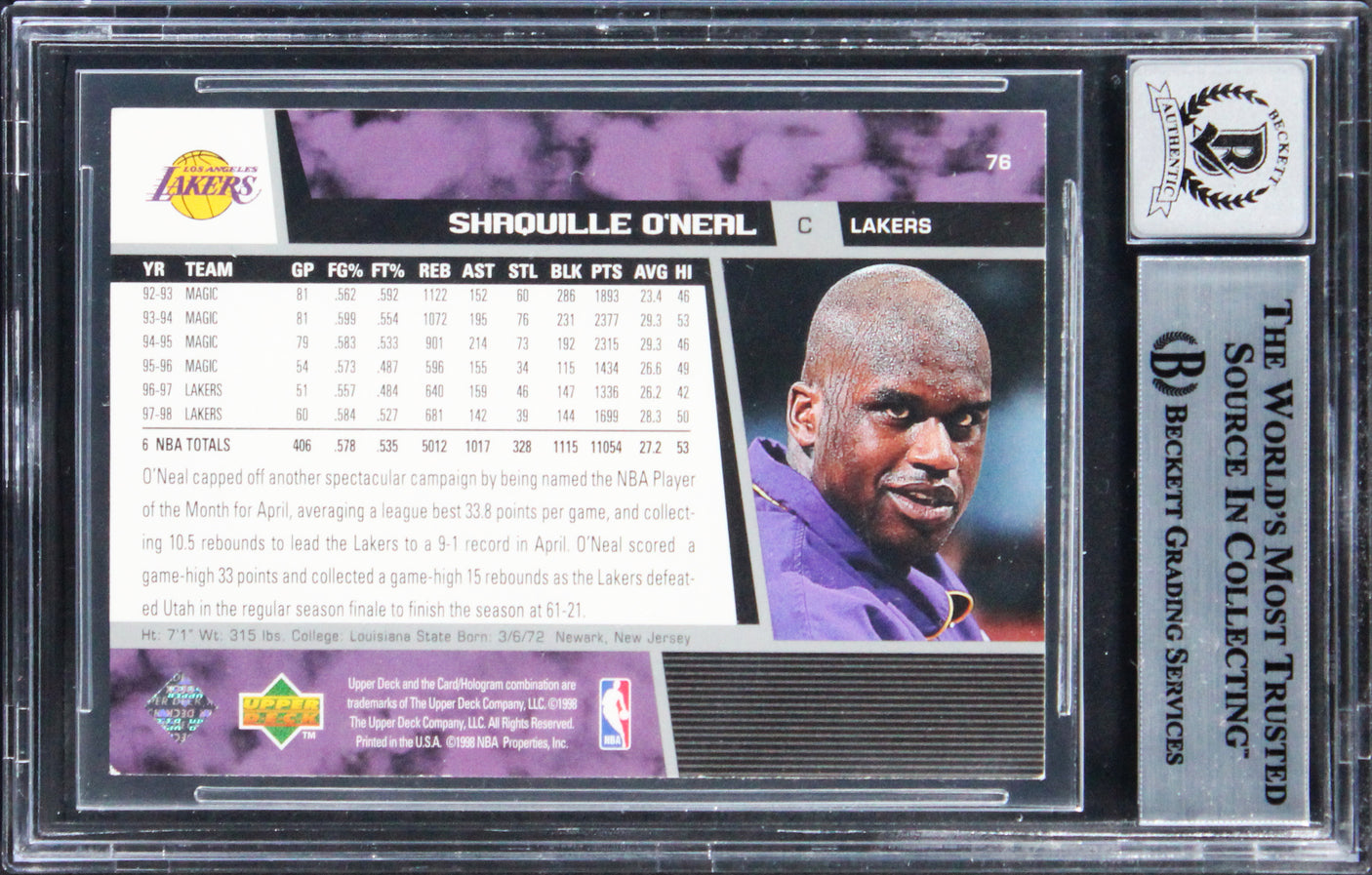 Lakers Shaquille O'Neal Signed 1999 Upper Deck #76 Card Auto 10! BAS Slabbed