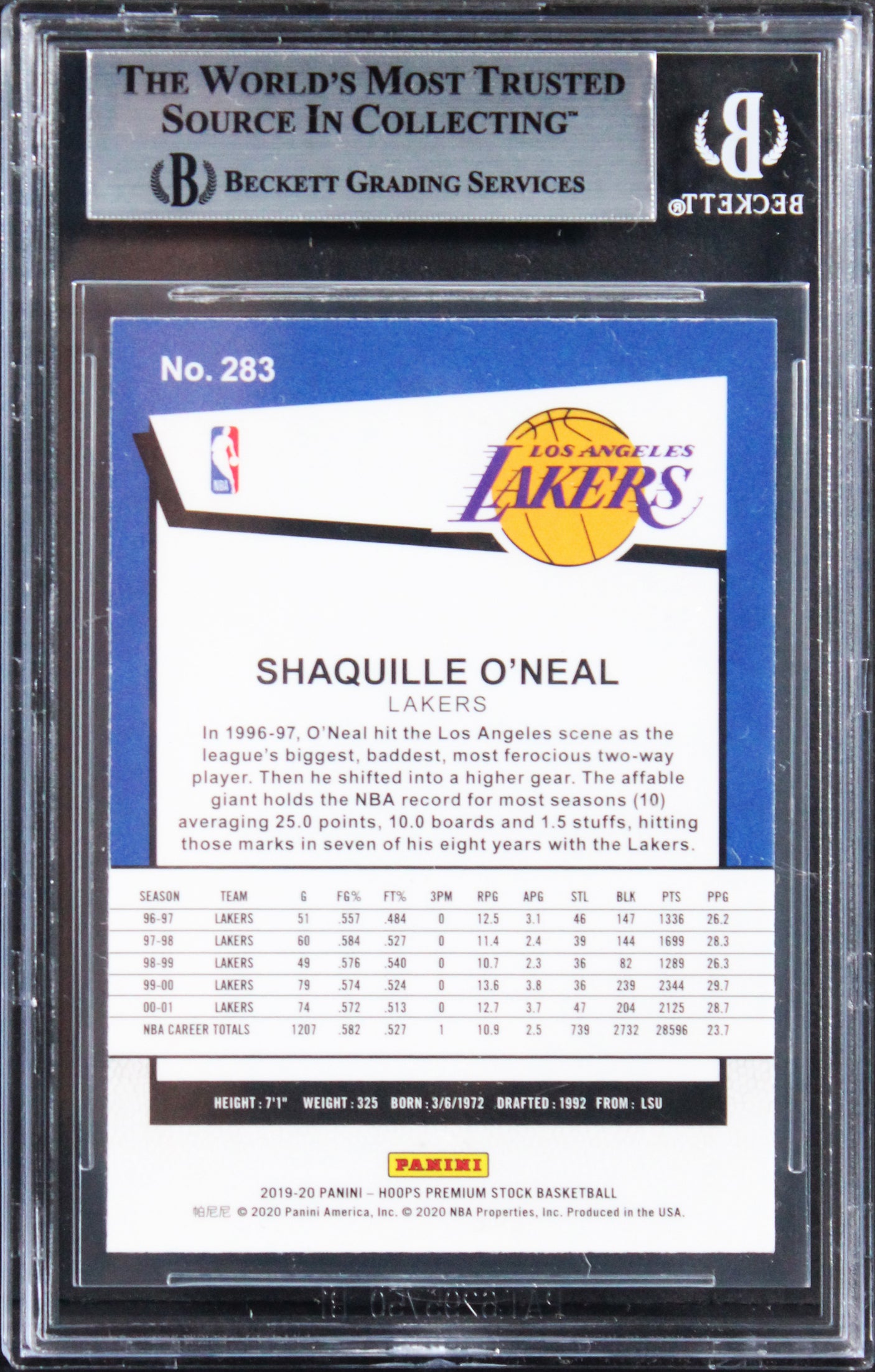 Lakers Shaquille O'Neal Signed 2019 Hoops Premium Stock #283 Card BAS Slabbed