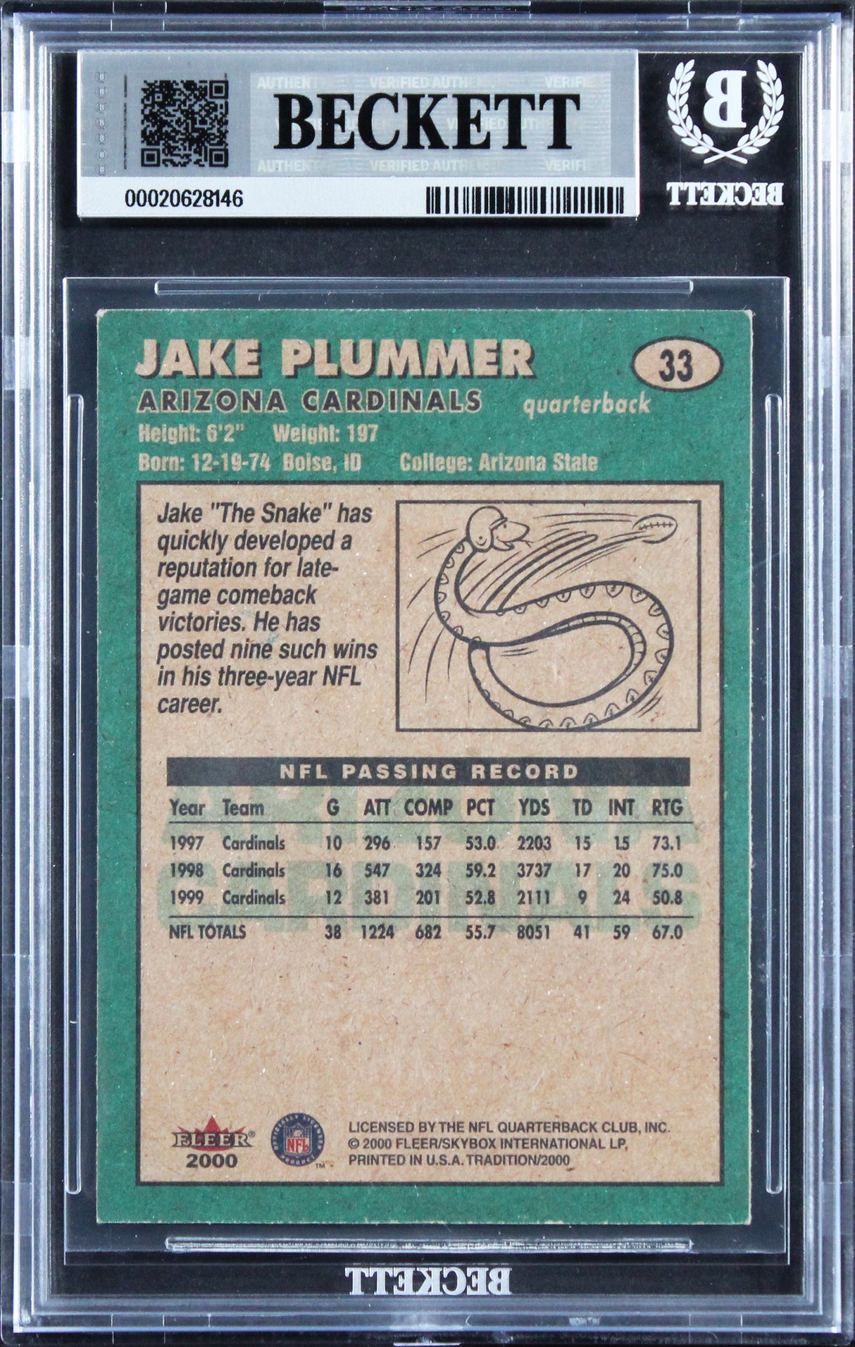 Cardinals Jake Plummer Signed 2000 Fleer Tradition #33 Card Auto 10! BAS Slabbed