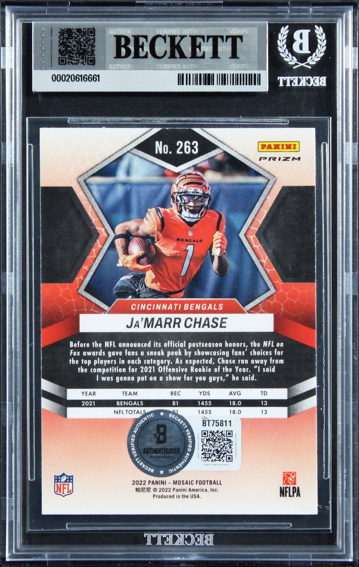 Bengals Ja'Marr Chase Signed 2022 Panini Mosaic #263 Card Auto 10! BAS Slabbed