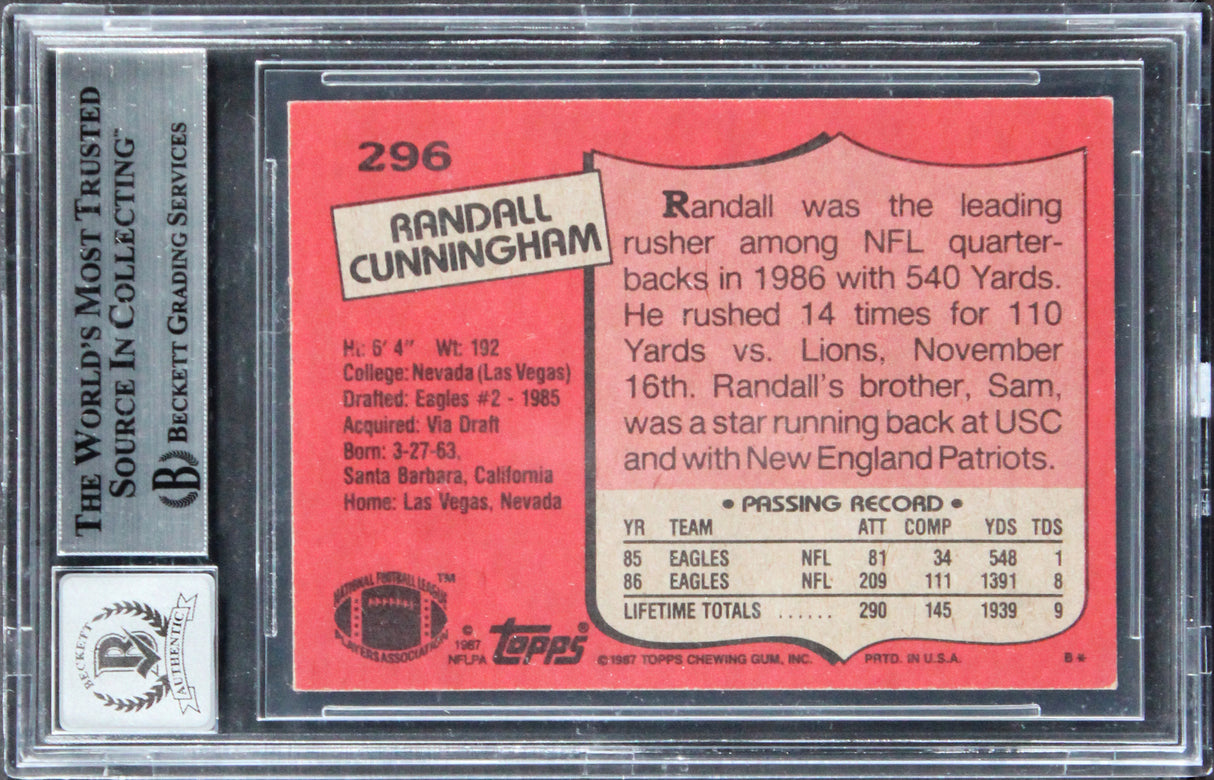 Eagles Randall Cunningham Signed 1987 Topps #296 Rookie Card Auto 10! BAS Slab