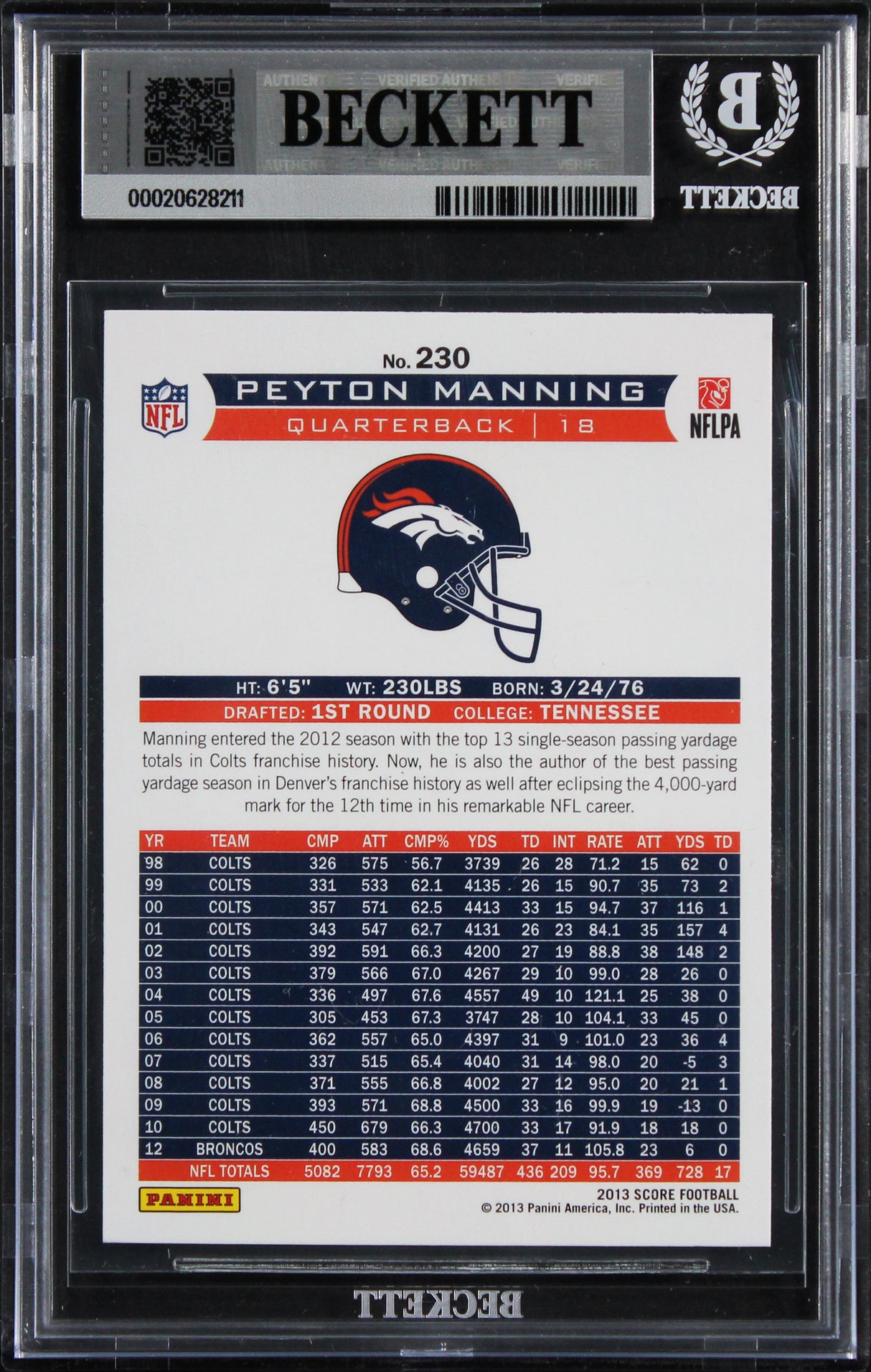 Broncos Peyton Manning Signed 2013 Score #230 Card Auto Grade 10! BAS Slabbed
