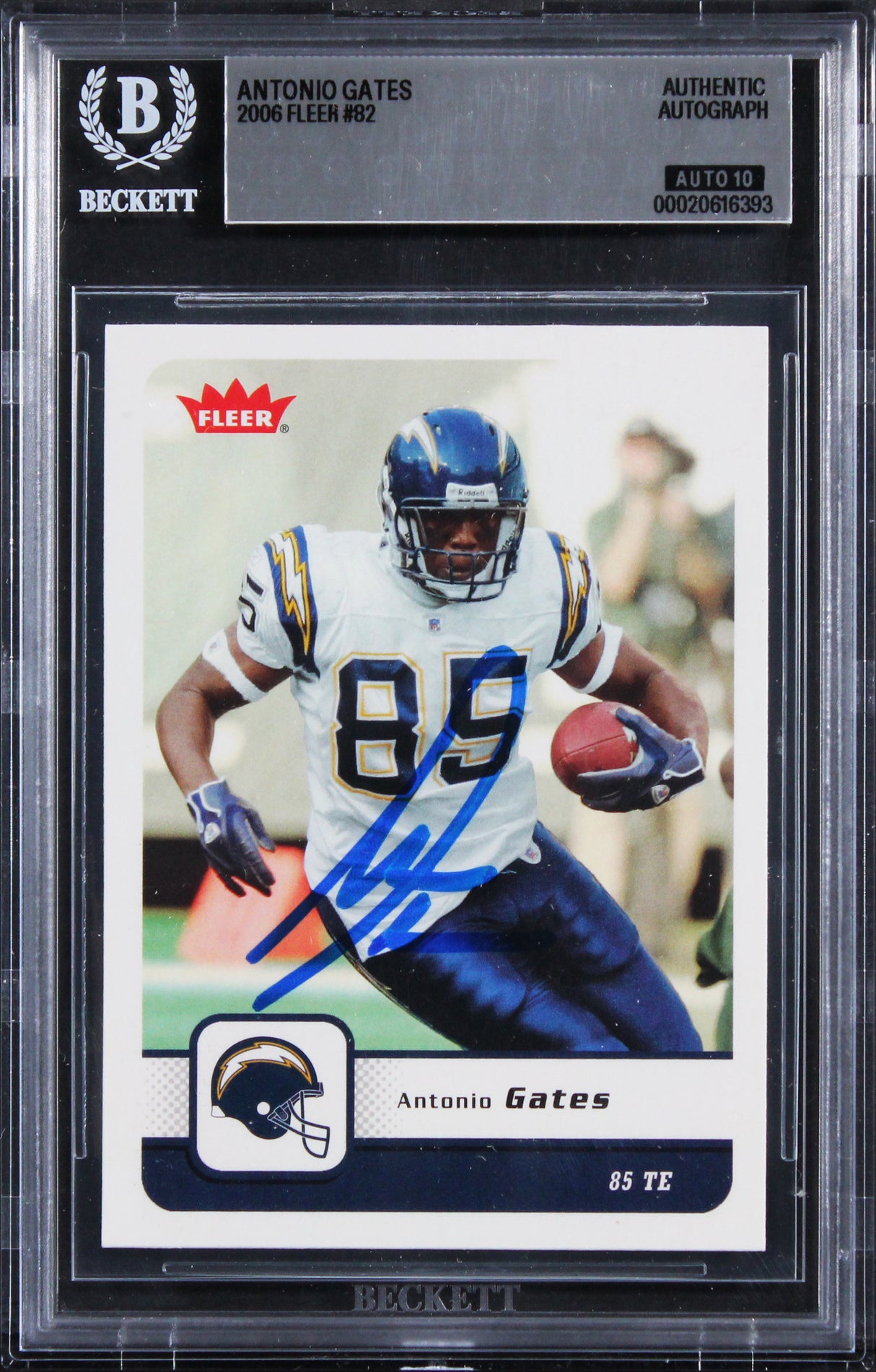 Chargers Antonio Gates Signed 2006 Fleer #82 Card Auto Gem Mint 10! BAS Slabbed