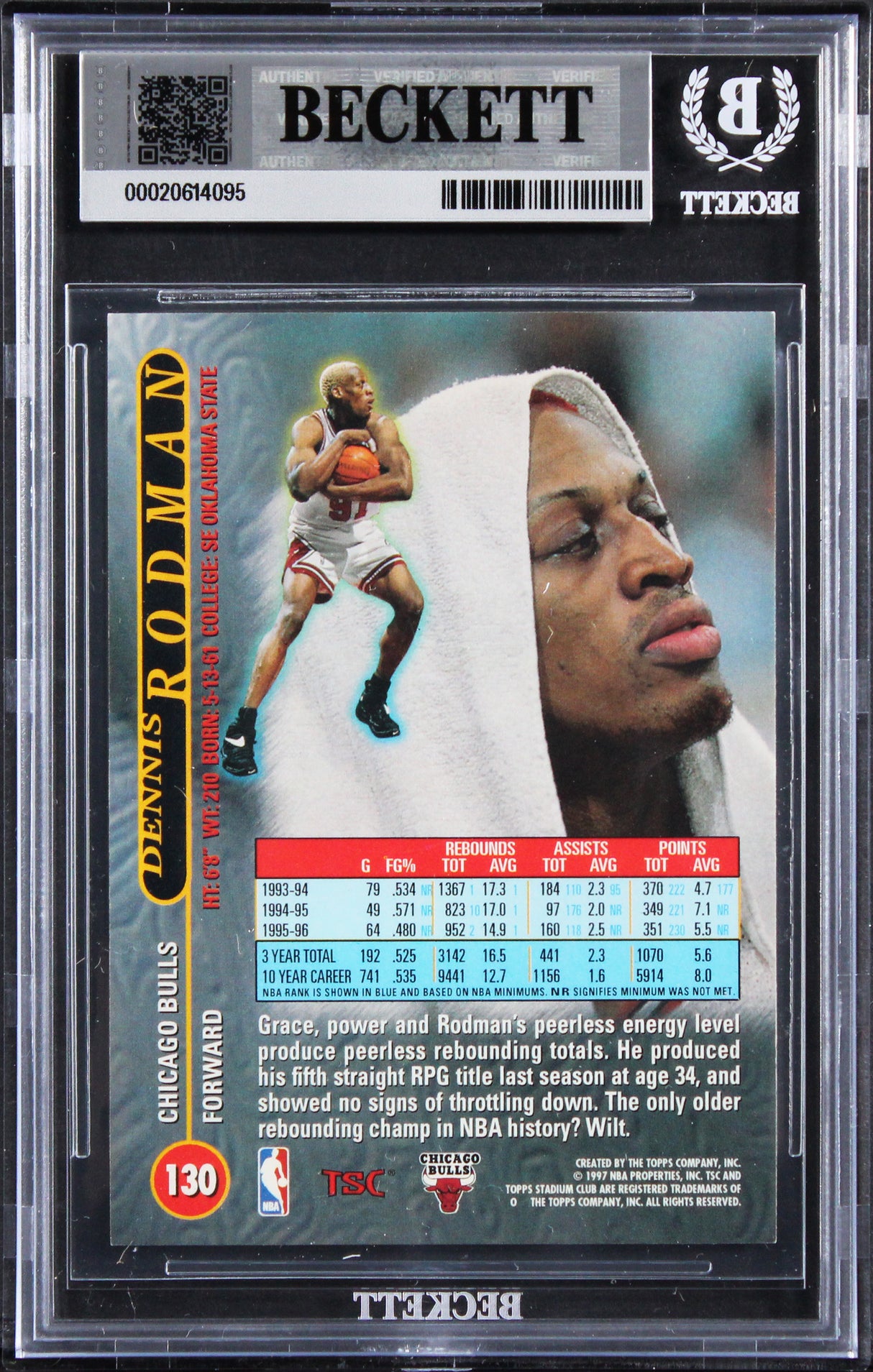 Bulls Dennis Rodman Authentic Signed 1996 Stadium Club #130 Card BAS Slabbed