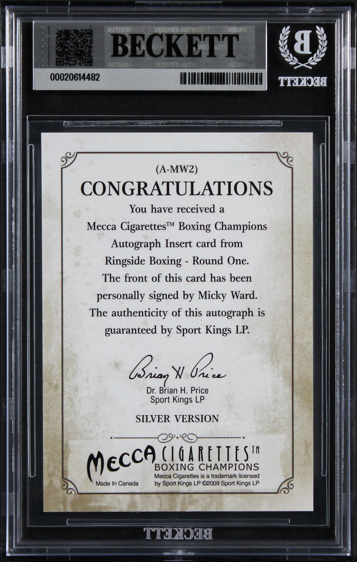 Micky Ward Signed 2010 Ringside Boxing Round One Autographs #AMW2 Card BAS Slab