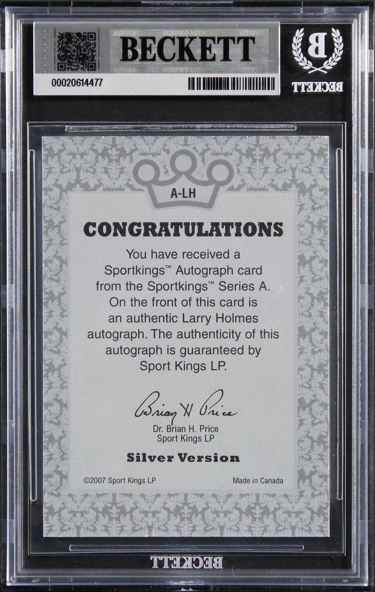 Larry Holmes Authentic Signed 2007 Sportkings Auto Silver #ALH Card BAS Slabbed