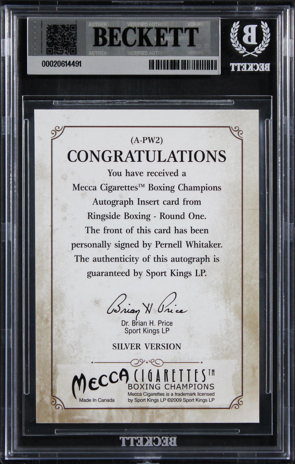 Pernell Whitaker Signed 2010 Ringside Boxing Round One Autos #APW2 Card BAS Slab