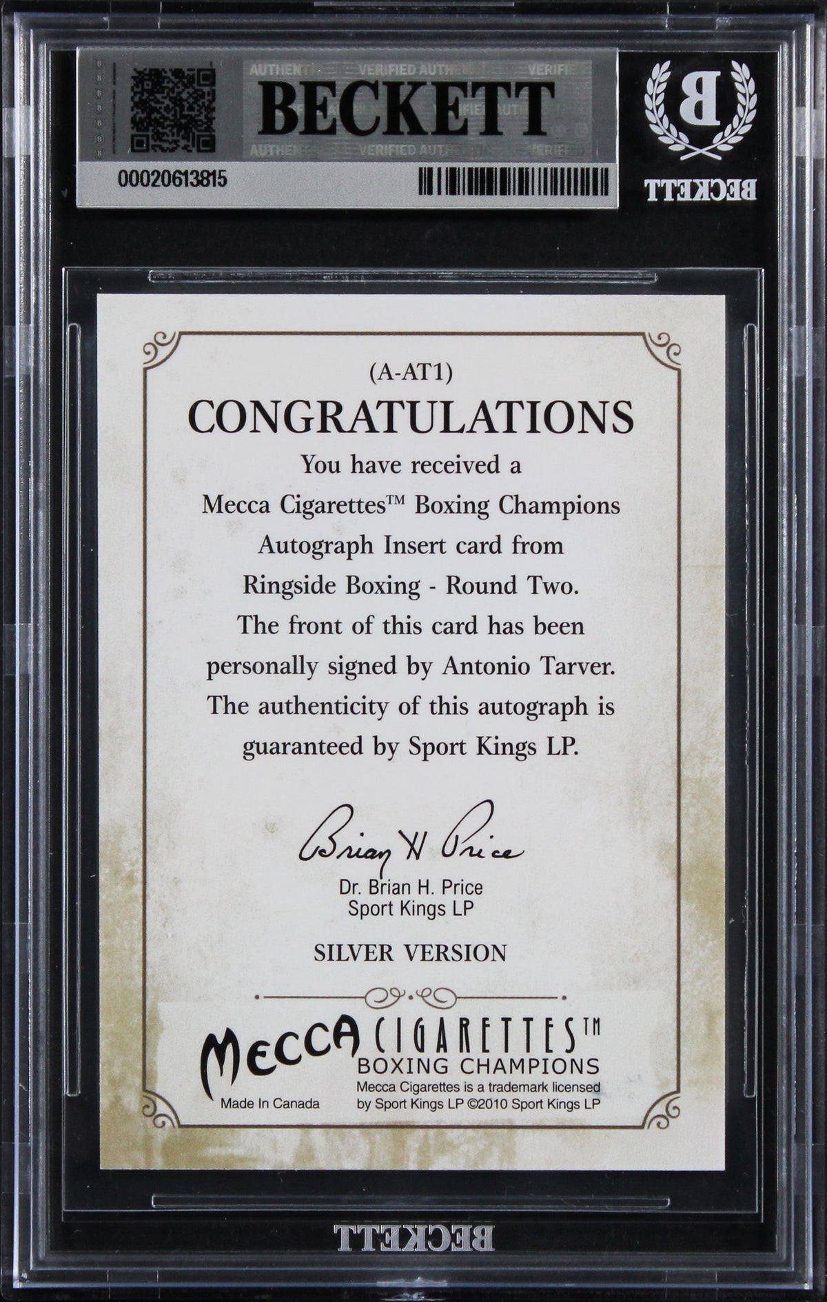 Antonio Tarver Signed 2011 Ringside Boxing Round Two Autos #AAT1 Card BAS Slab